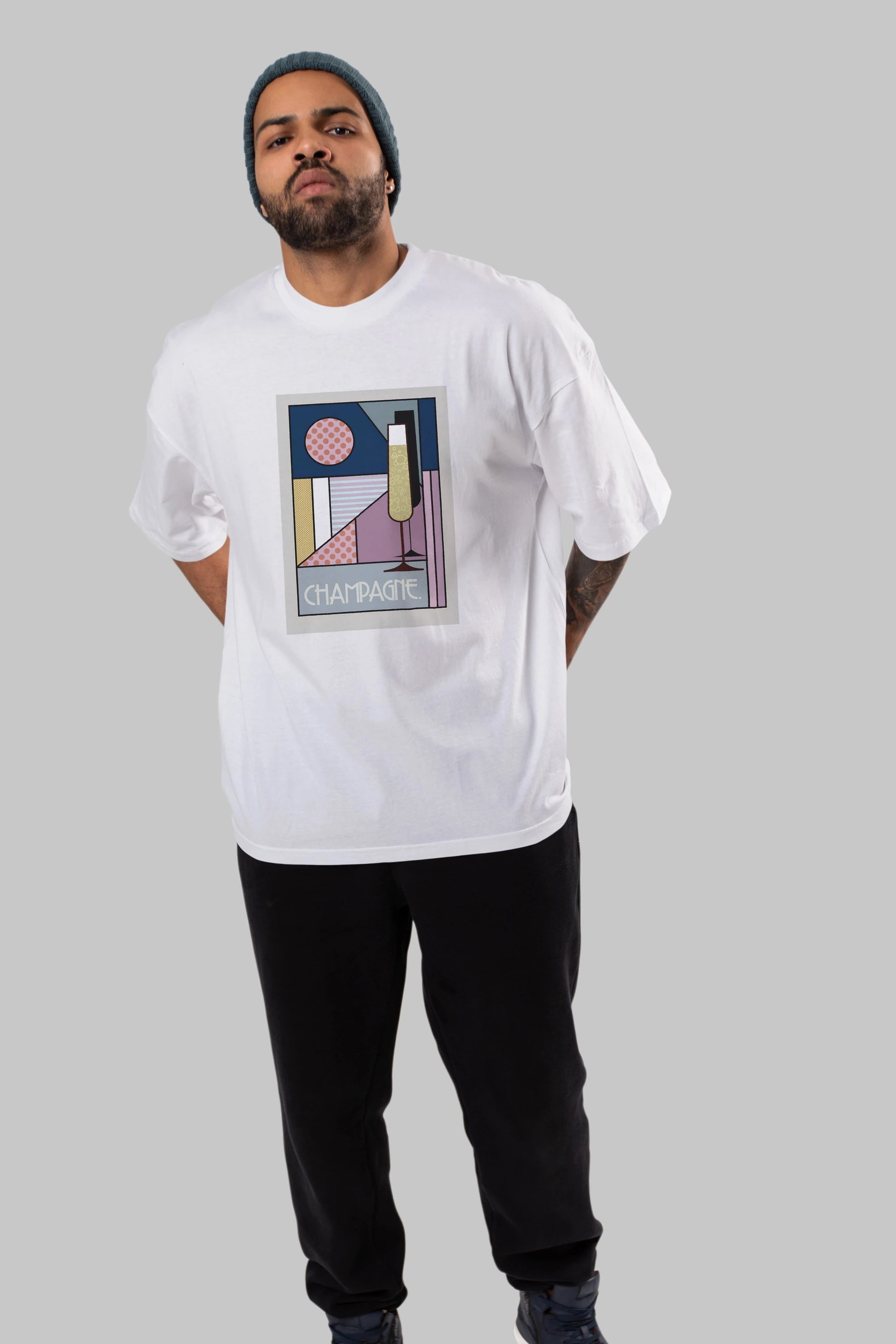 Champagne Ön Baskılı Oversize t-shirt Erkek Kadın Unisex %100 Pamuk Bisiklet Yaka tişort