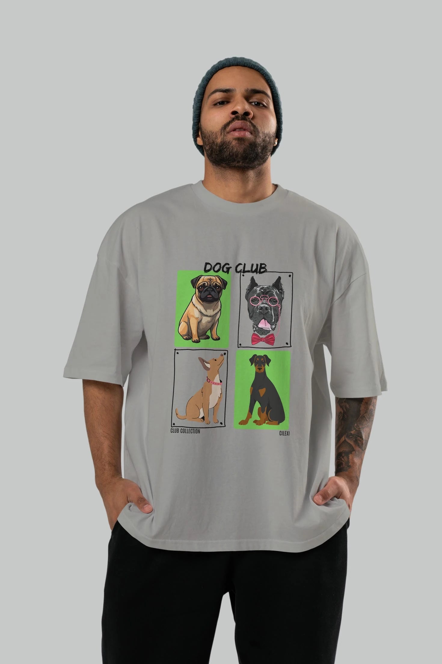 Dog Club ön Baskılı Oversize t-shirt Erkek Kadın %100 Pamuk Bisiklet Yaka tişort