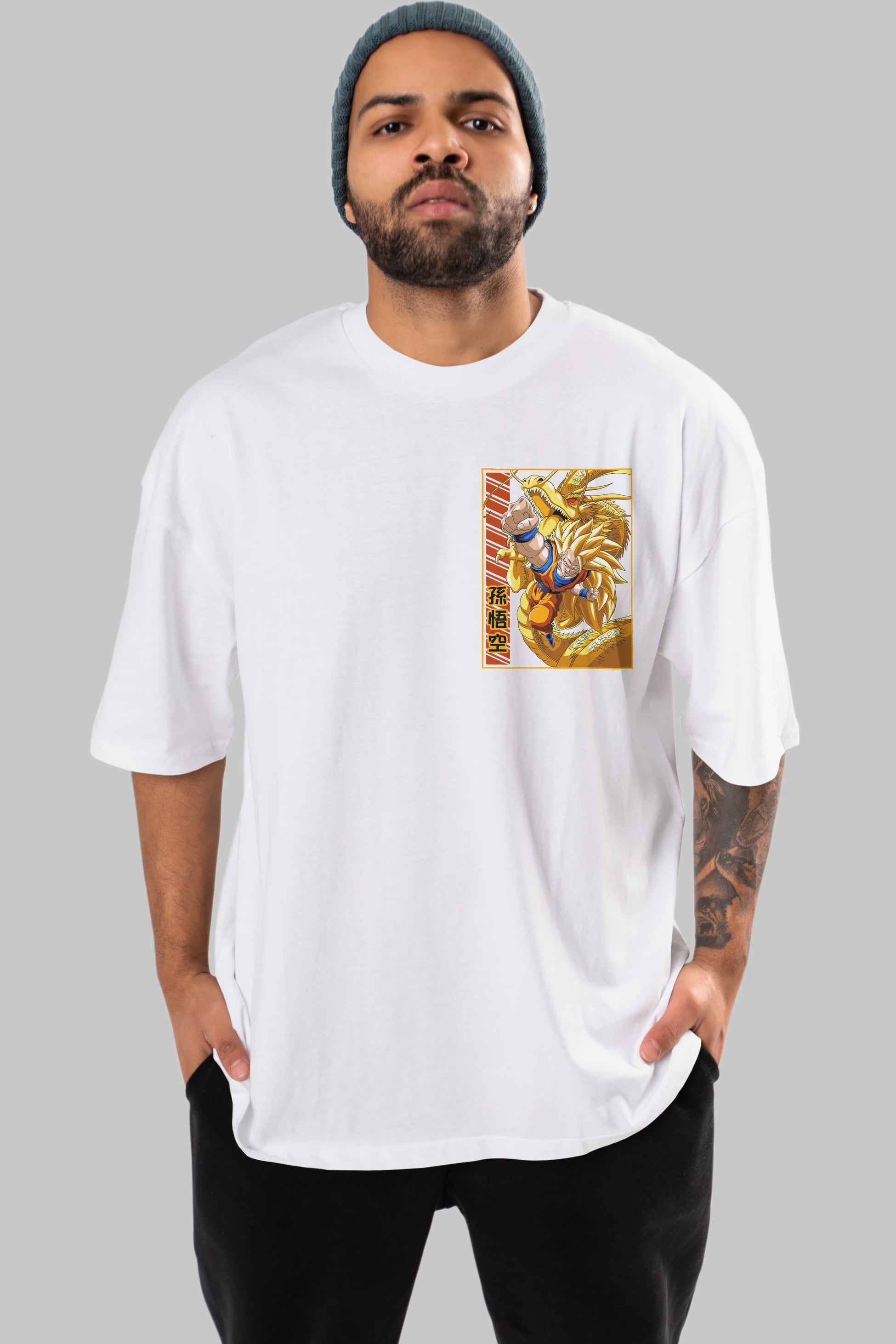 DragonBall Goku Ön Sol Baskılı Oversize t-shirt Erkek Kadın Unisex %100 Pamuk Bisiklet Yaka tişort