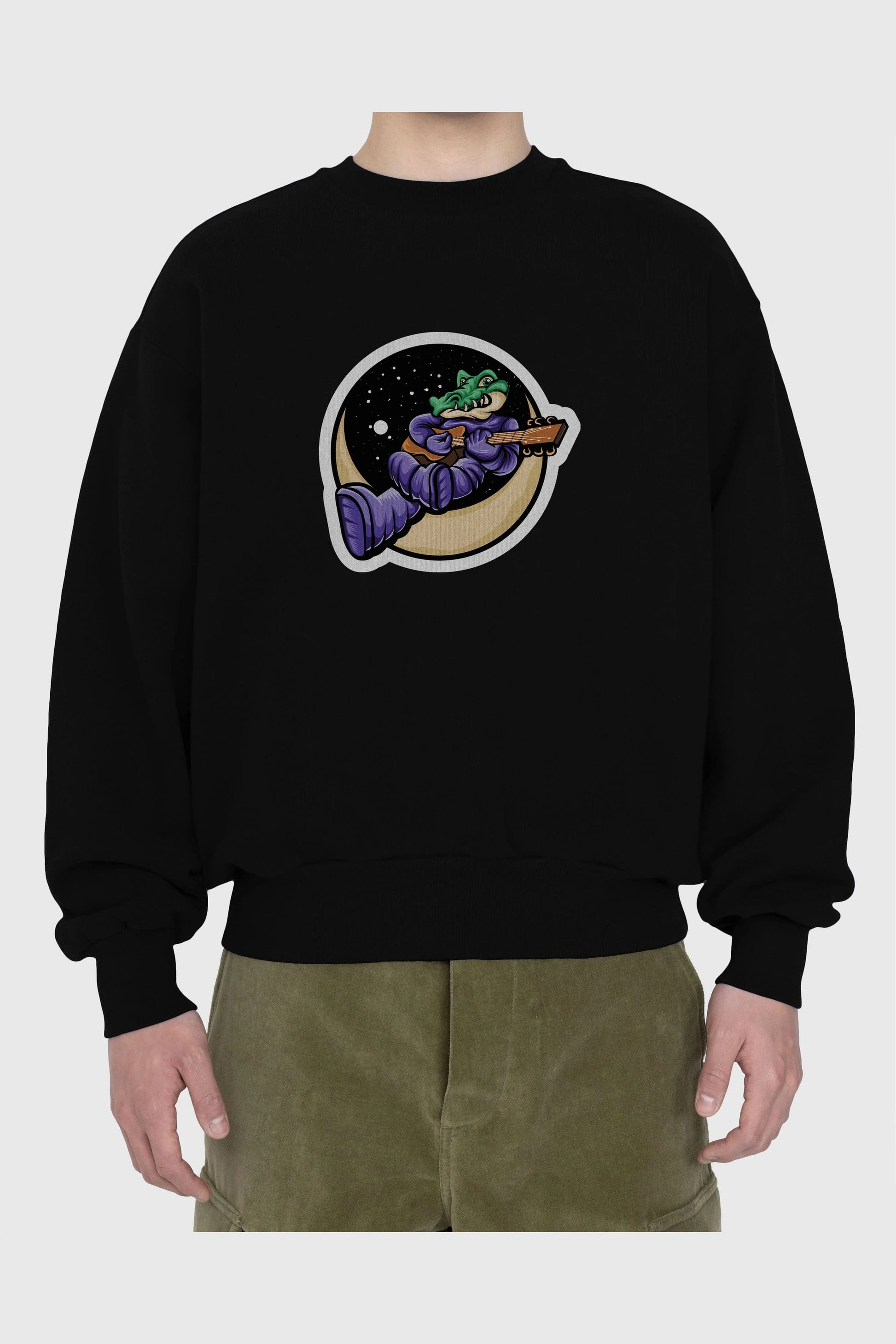 Space Crocodile Sticker Ön Baskılı Oversize Sweatshirt Erkek Kadın Unisex