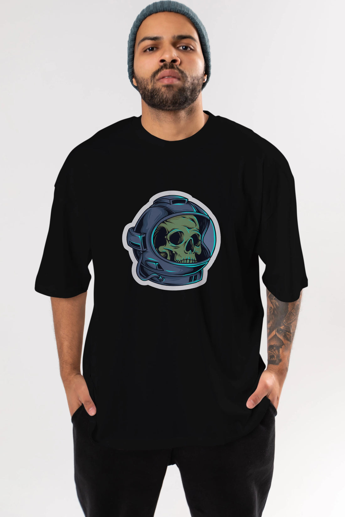 Astroskull Sticker Ön Baskılı Oversize t-shirt Erkek Kadın Unisex