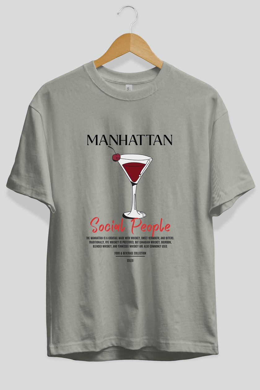 Manhattan Kokteyl Serisi ön Baskılı Oversize t-shirt Erkek Kadın %100 Pamuk Bisiklet Yaka tişort