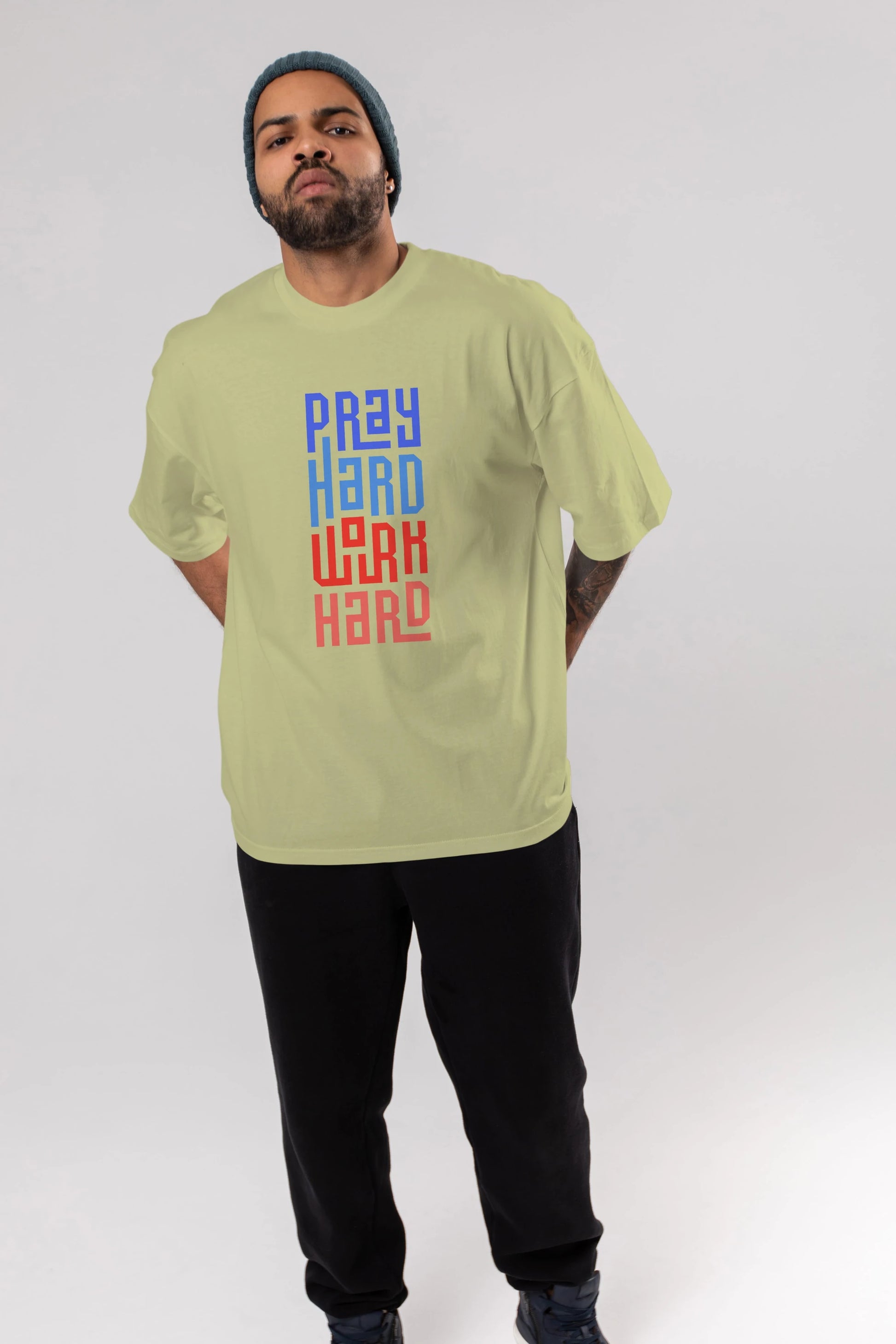 Pray Hard Work Hard Yazılı Ön Baskılı Oversize t-shirt Erkek Kadın Unisex