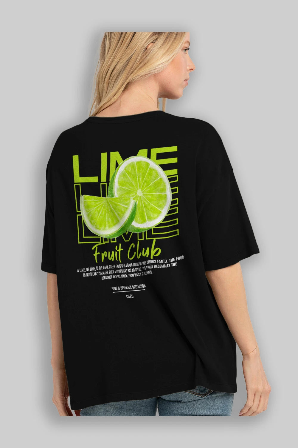 Lime Arka Baskılı Oversize t-shirt Erkek Kadın Pamuk Bisiklet Yaka tişort