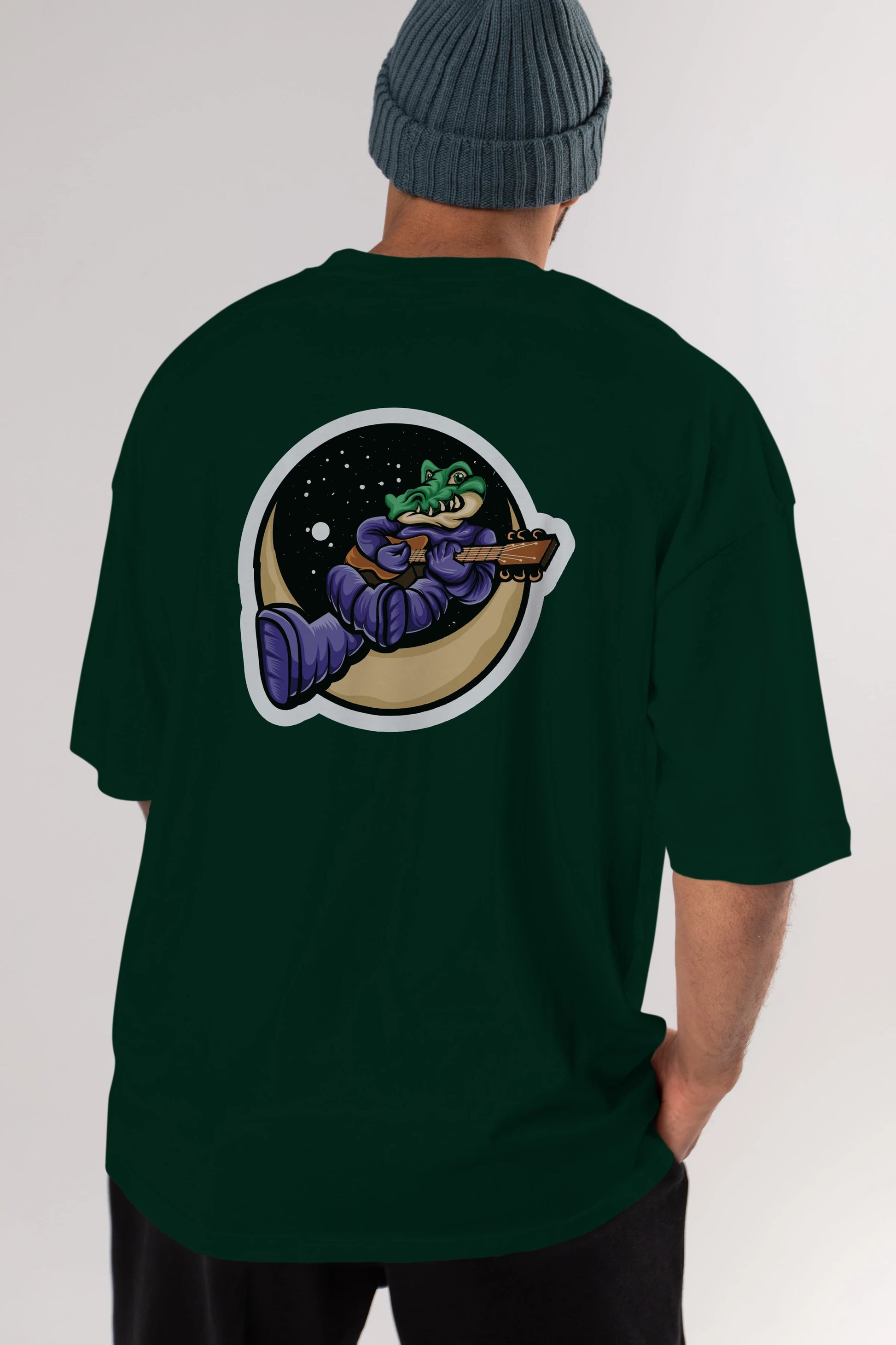 Space Crocodile Sticker Arka Baskılı Oversize t-shirt Erkek Kadın Unisex