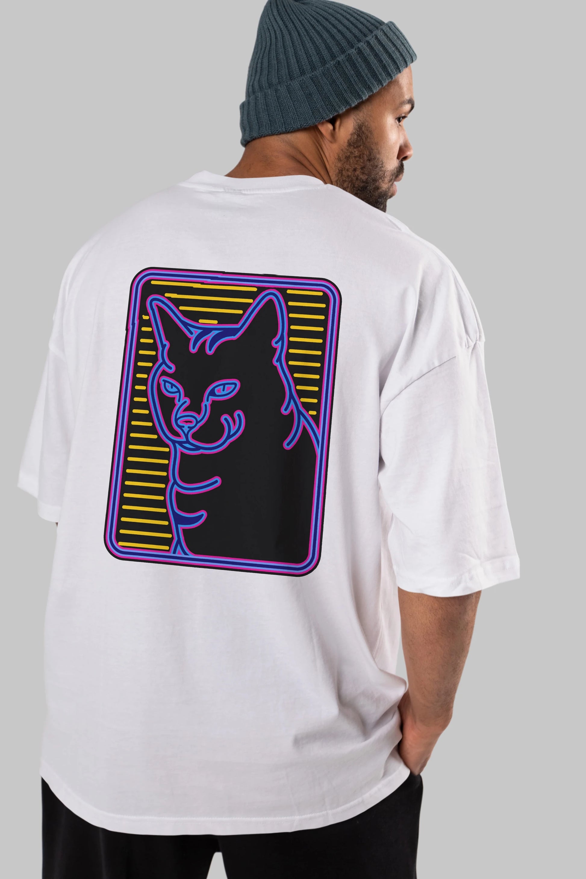 Neon Cat Arka Baskılı Oversize t-shirt Erkek Kadın Unisex