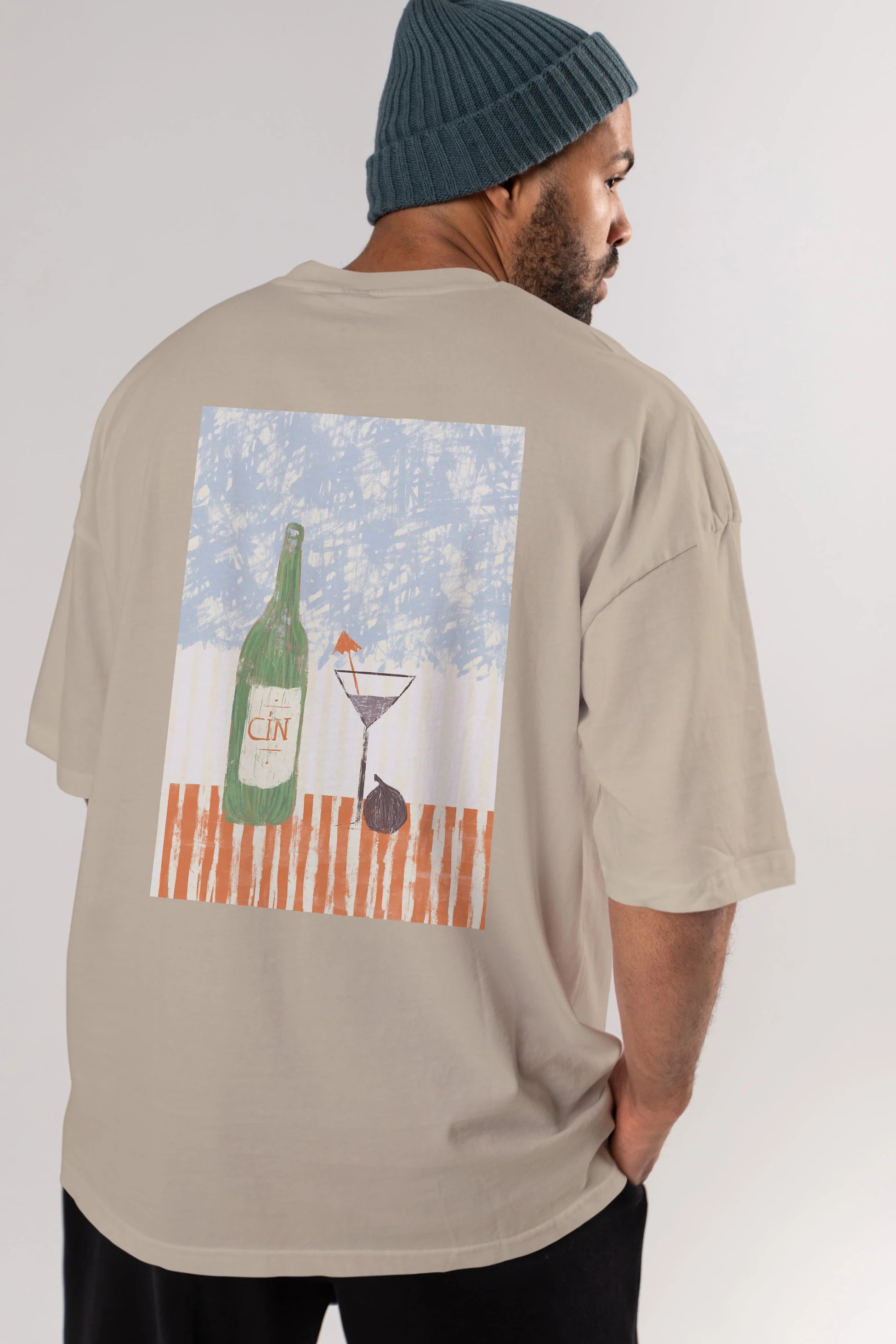 Gin Arka Baskılı Oversize t-shirt Erkek Kadın Unisex %100 Pamuk Bisiklet Yaka tişort