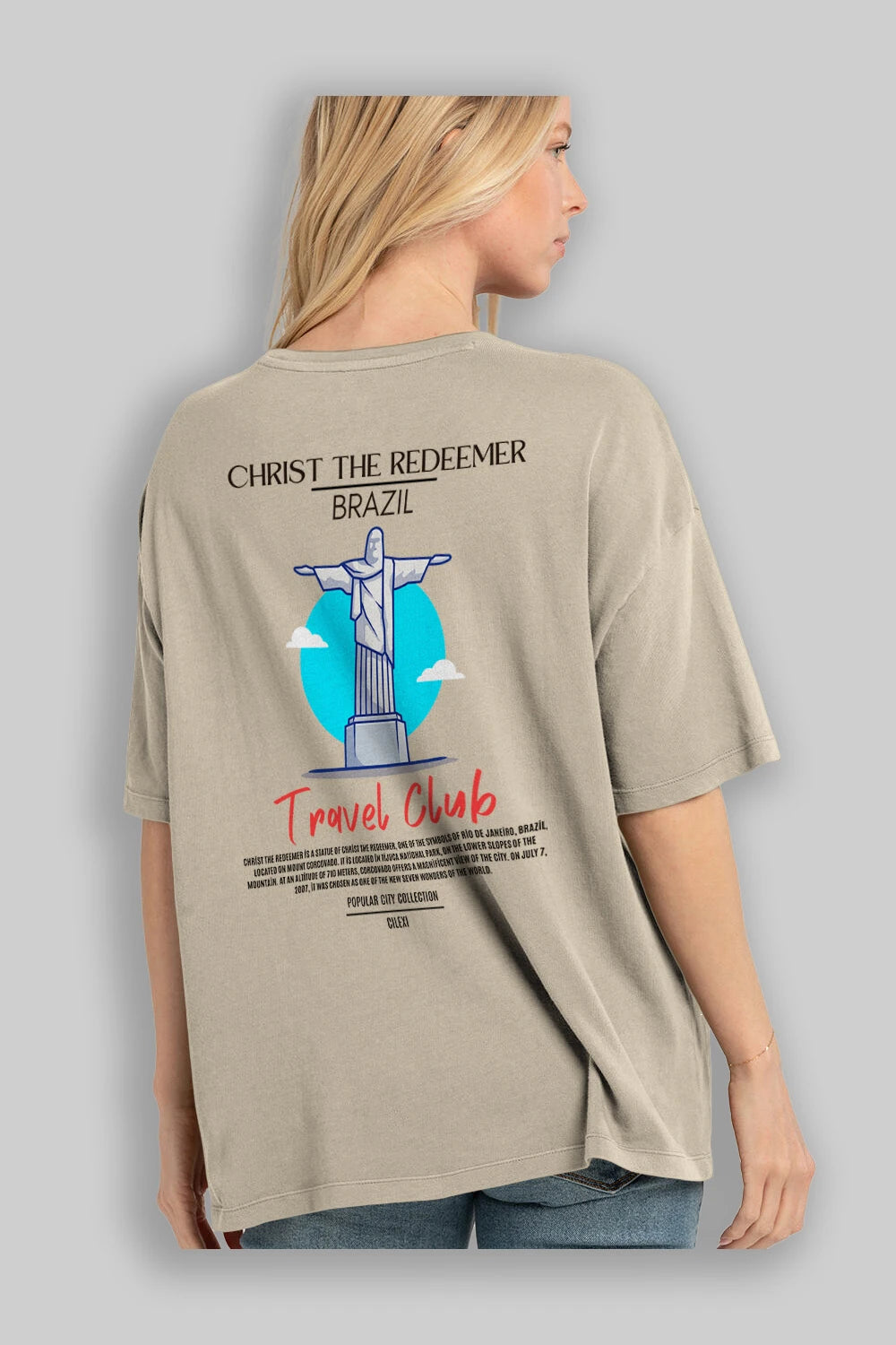 Christ The Redeemer Brazil Arka Baskılı Oversize t-shirt Erkek Kadın Pamuk Bisiklet Yaka tişort