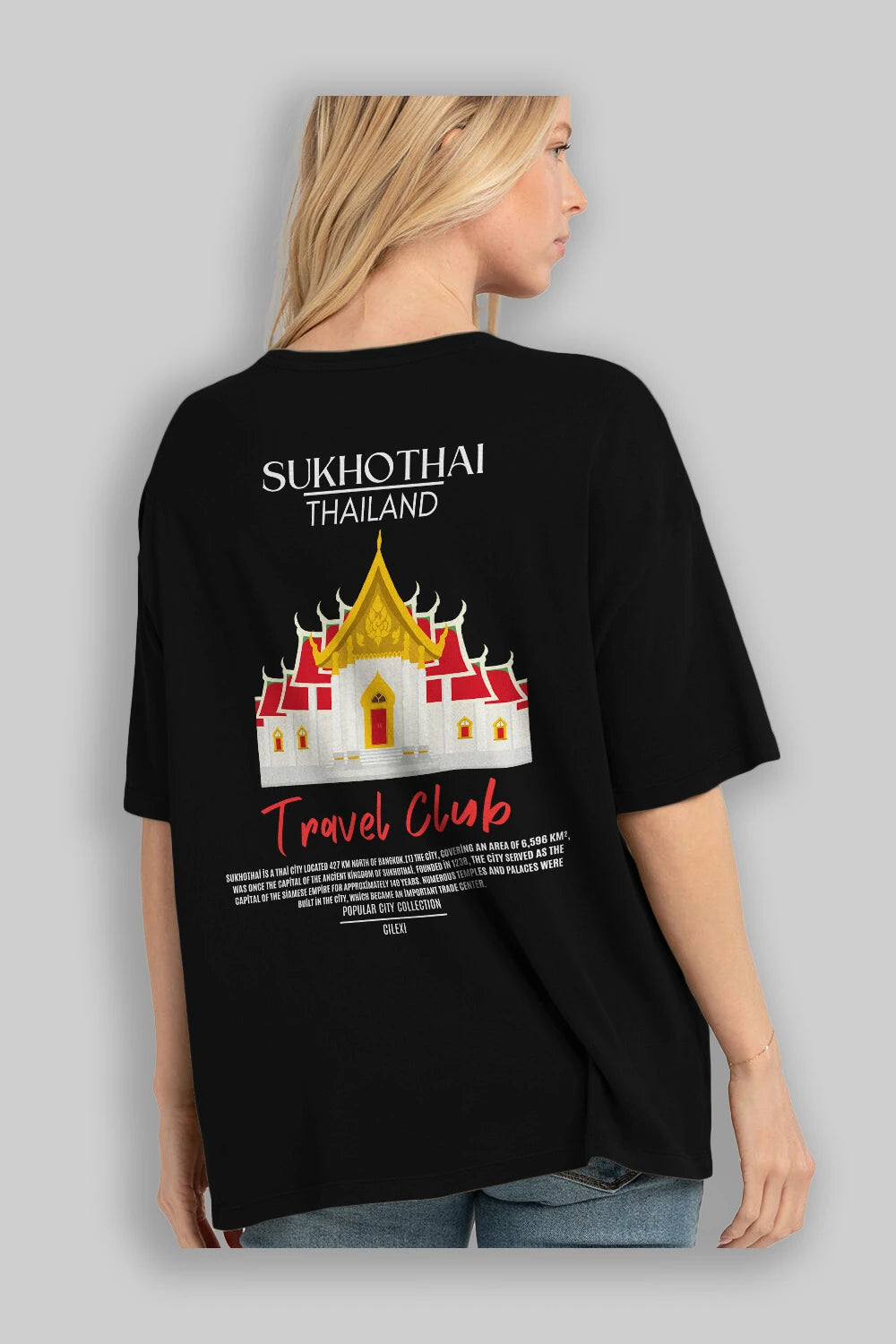 Sukhothai Thailand Arka Baskılı Oversize t-shirt Erkek Kadın Pamuk Bisiklet Yaka tişort