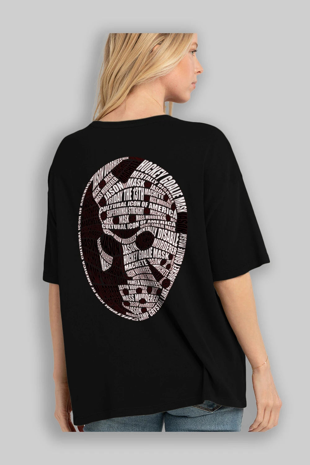 Jason Voorhees Calligram Arka Baskılı Oversize t-shirt %100 pamuk Erkek Kadın Unisex