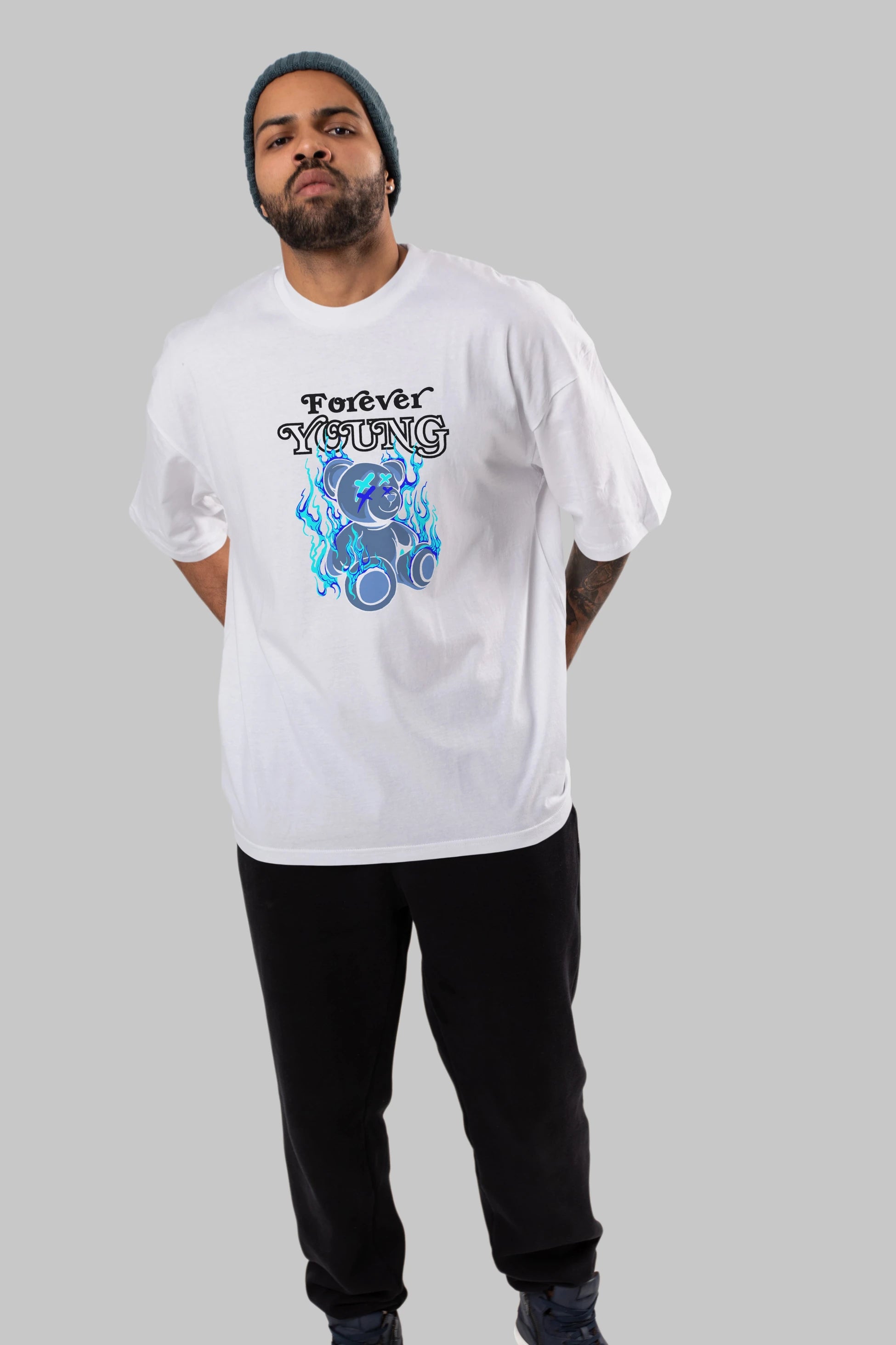 Forever Young Bear Ön Baskılı Oversize t-shirt Erkek Kadın Unisex