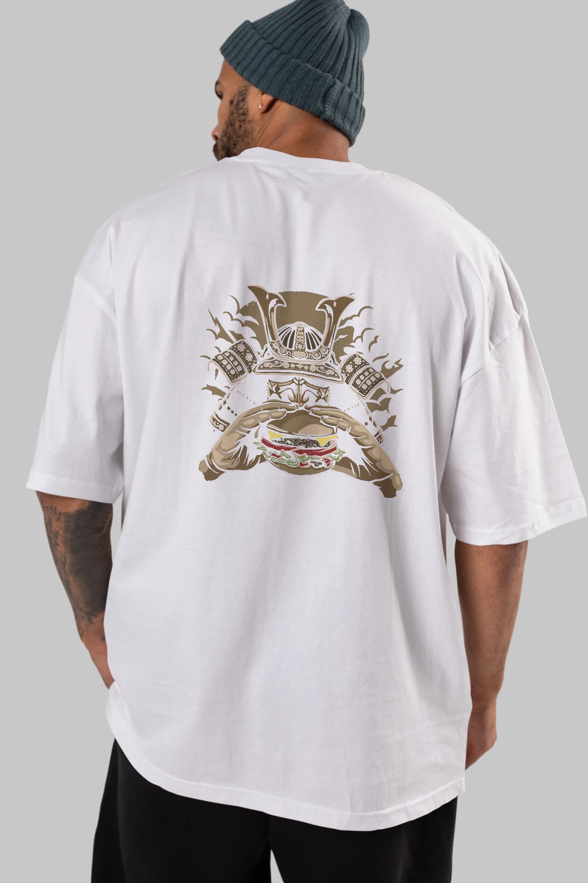 Samurai Burger Arka Baskılı Oversize t-shirt Erkek Kadın Unisex %100 Pamuk