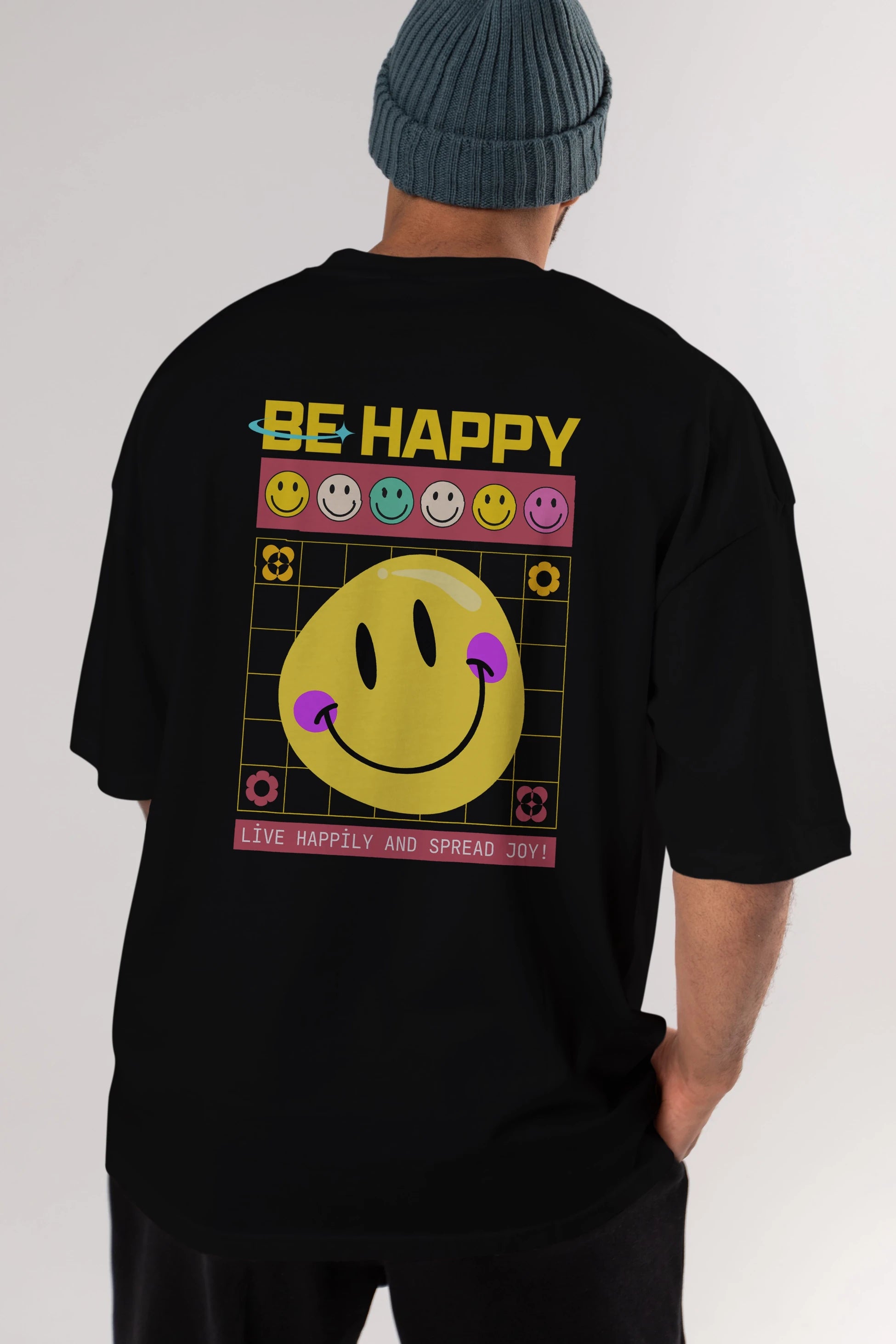 Be Happy Yazılı Arka Baskılı Oversize t-shirt Erkek Kadın Unisex
