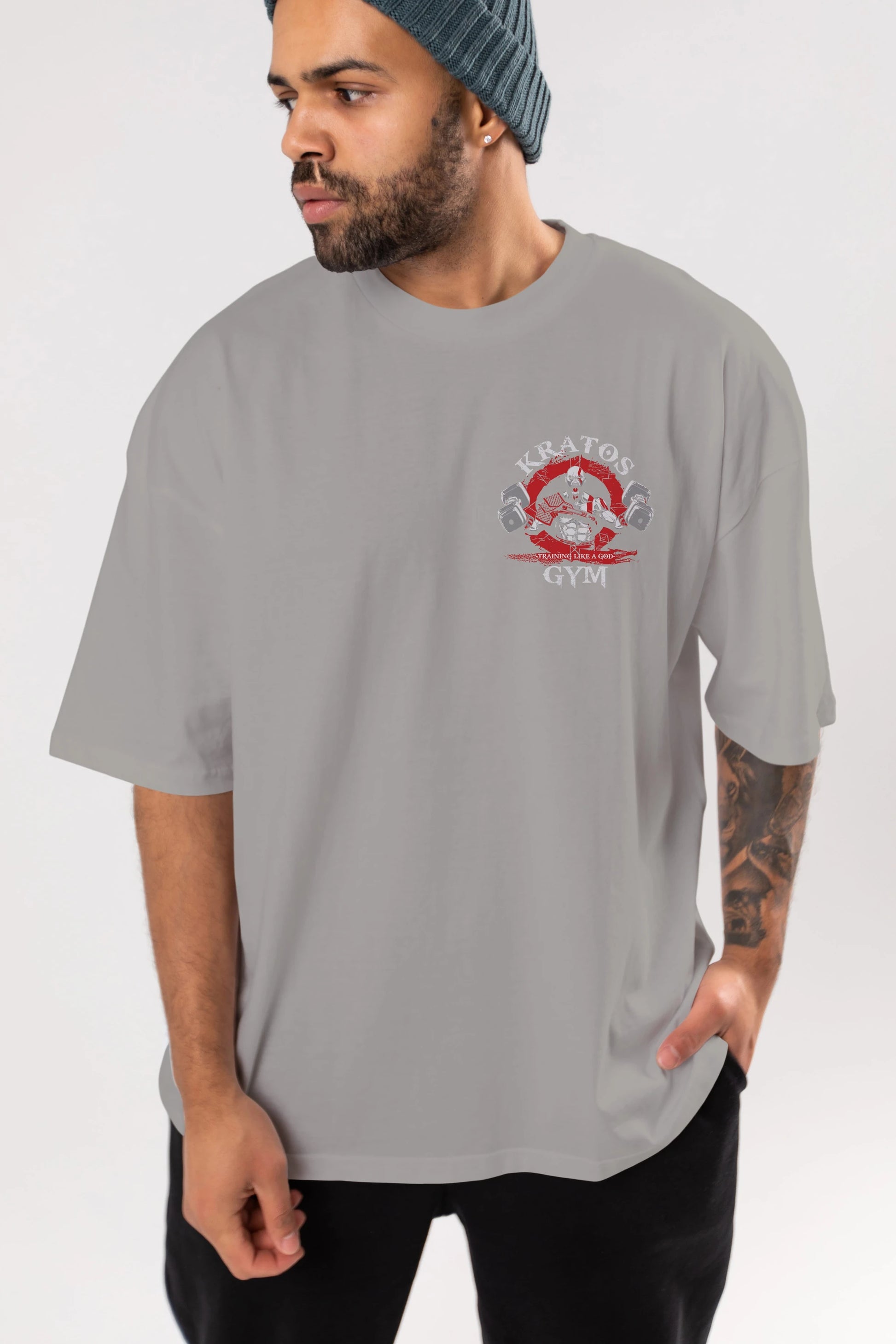 Kratos GYM Ön Sol Baskılı Oversize t-shirt Erkek Kadın Unisex %100 Pamuk Bisiklet Yaka tişort