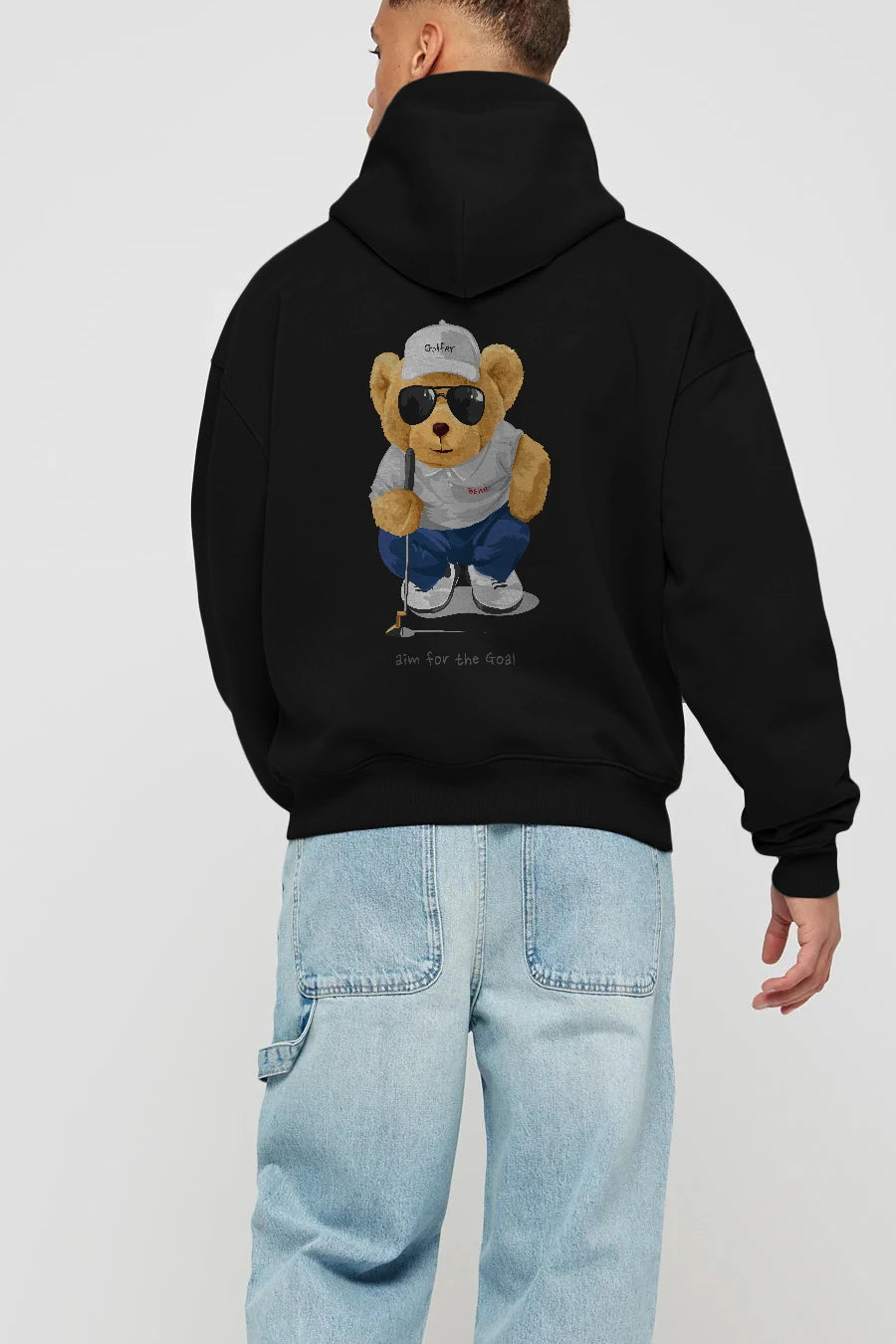 Teddy Bear Golfer Arka Baskılı Hoodie Oversize Kapüşonlu Sweatshirt Erkek Kadın Unisex