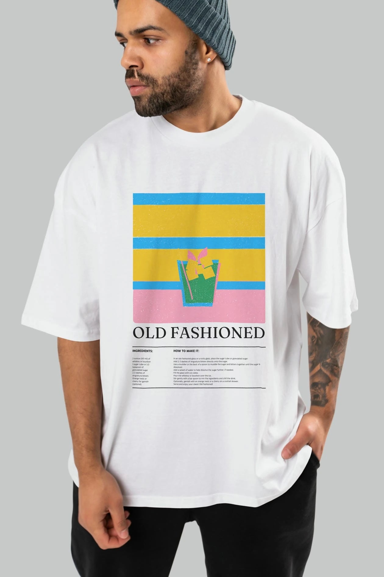 Old Fashioned Kokteyl Ön Baskılı Oversize t-shirt Erkek Kadın %100 Pamuk Bisiklet Yaka tişort