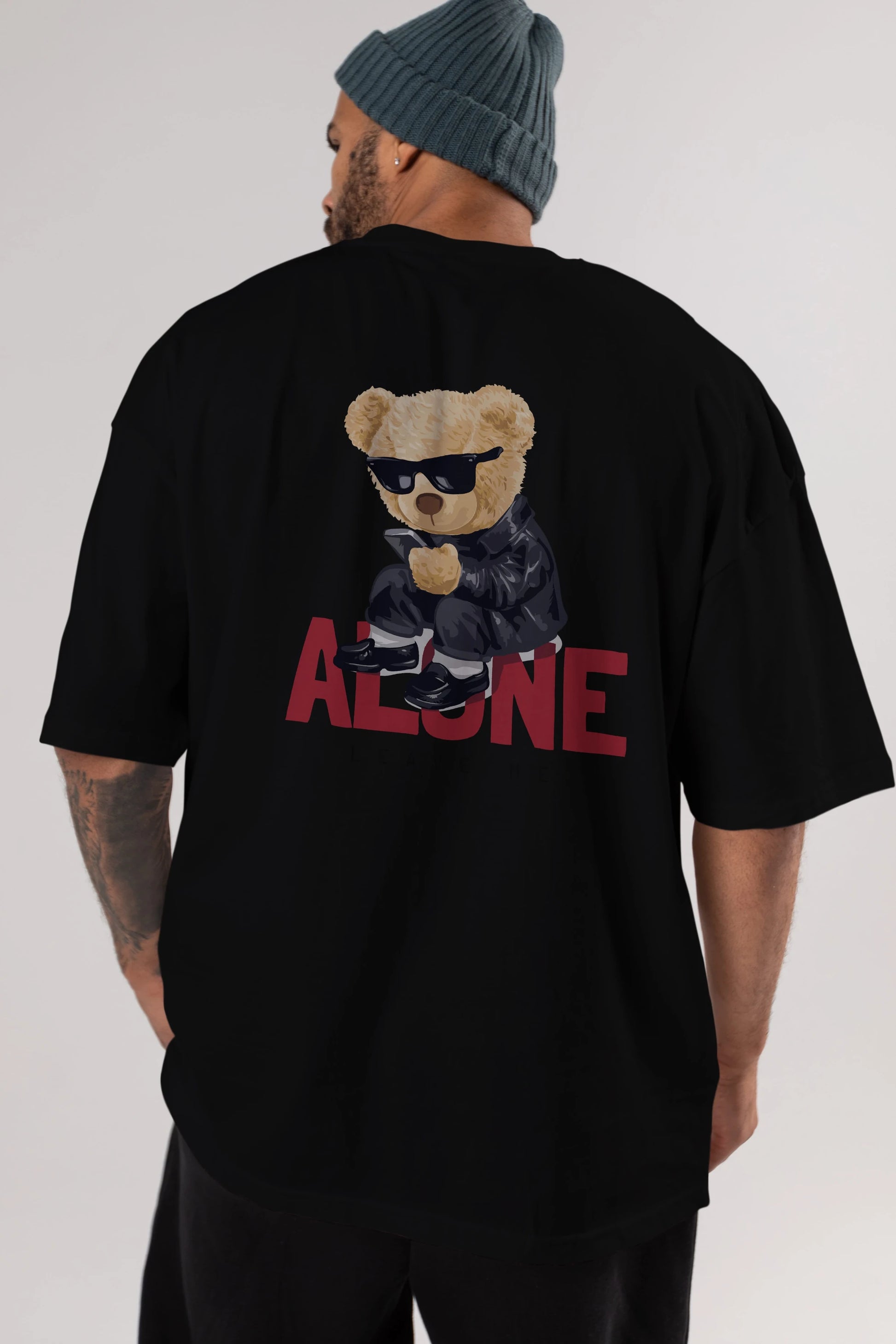Teddy Bear Alone Arka Baskılı Oversize t-shirt Erkek Kadın Unisex %100 Pamuk