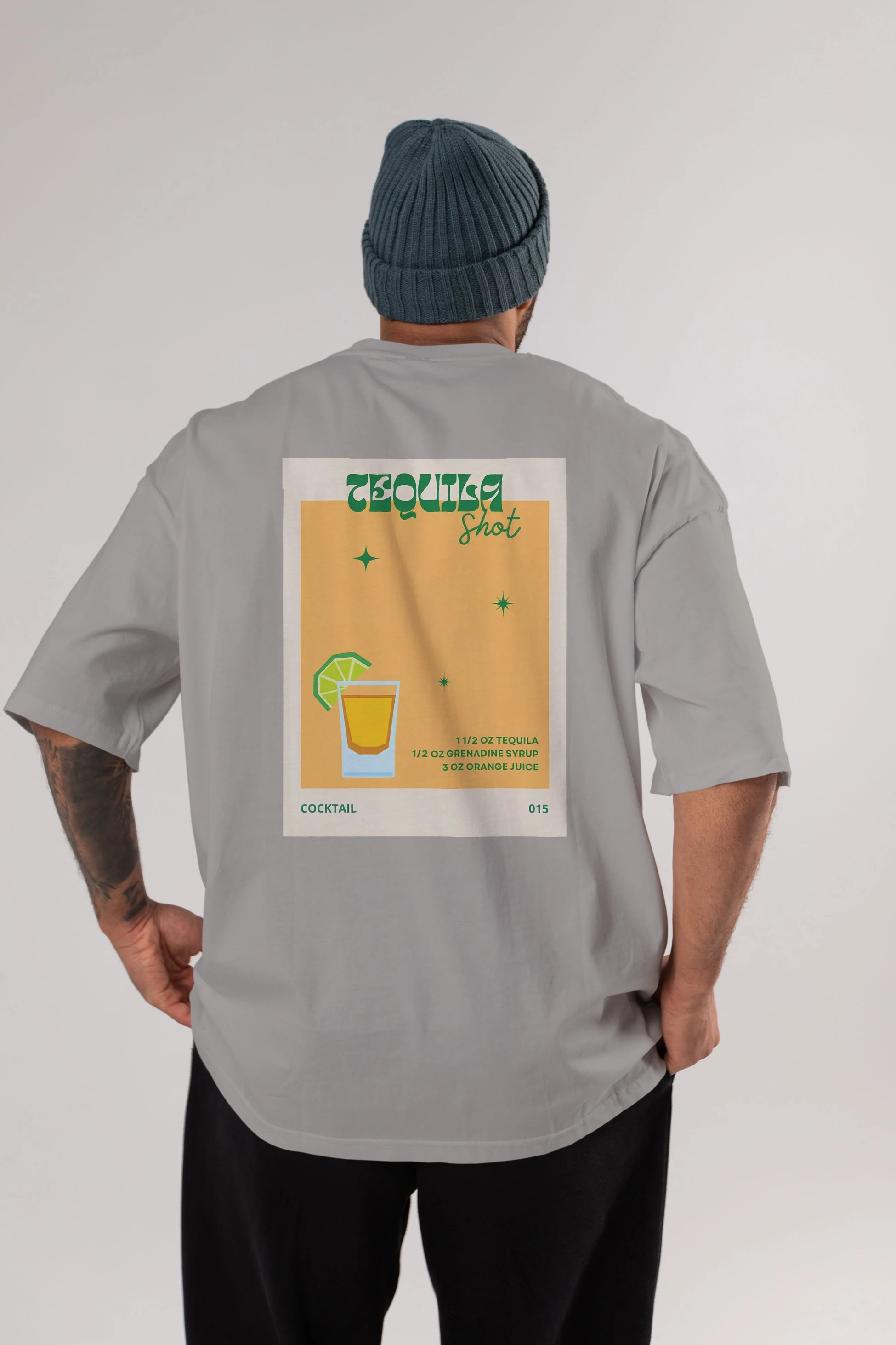 Tequila Shot 2 Arka Baskılı Oversize t-shirt Erkek Kadın Unisex %100 Pamuk Bisiklet Yaka tişort