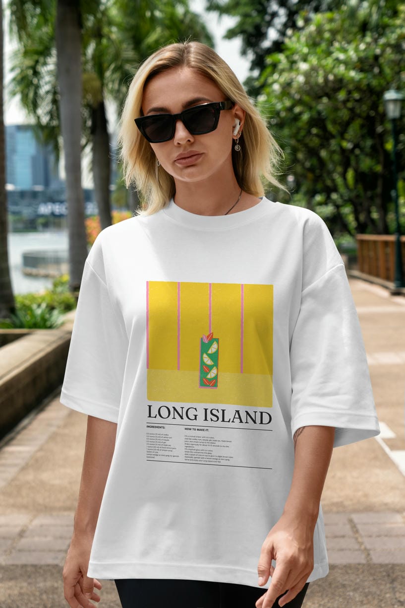 Long Island Kokteyl Ön Baskılı Oversize t-shirt Erkek Kadın %100 Pamuk Bisiklet Yaka tişort