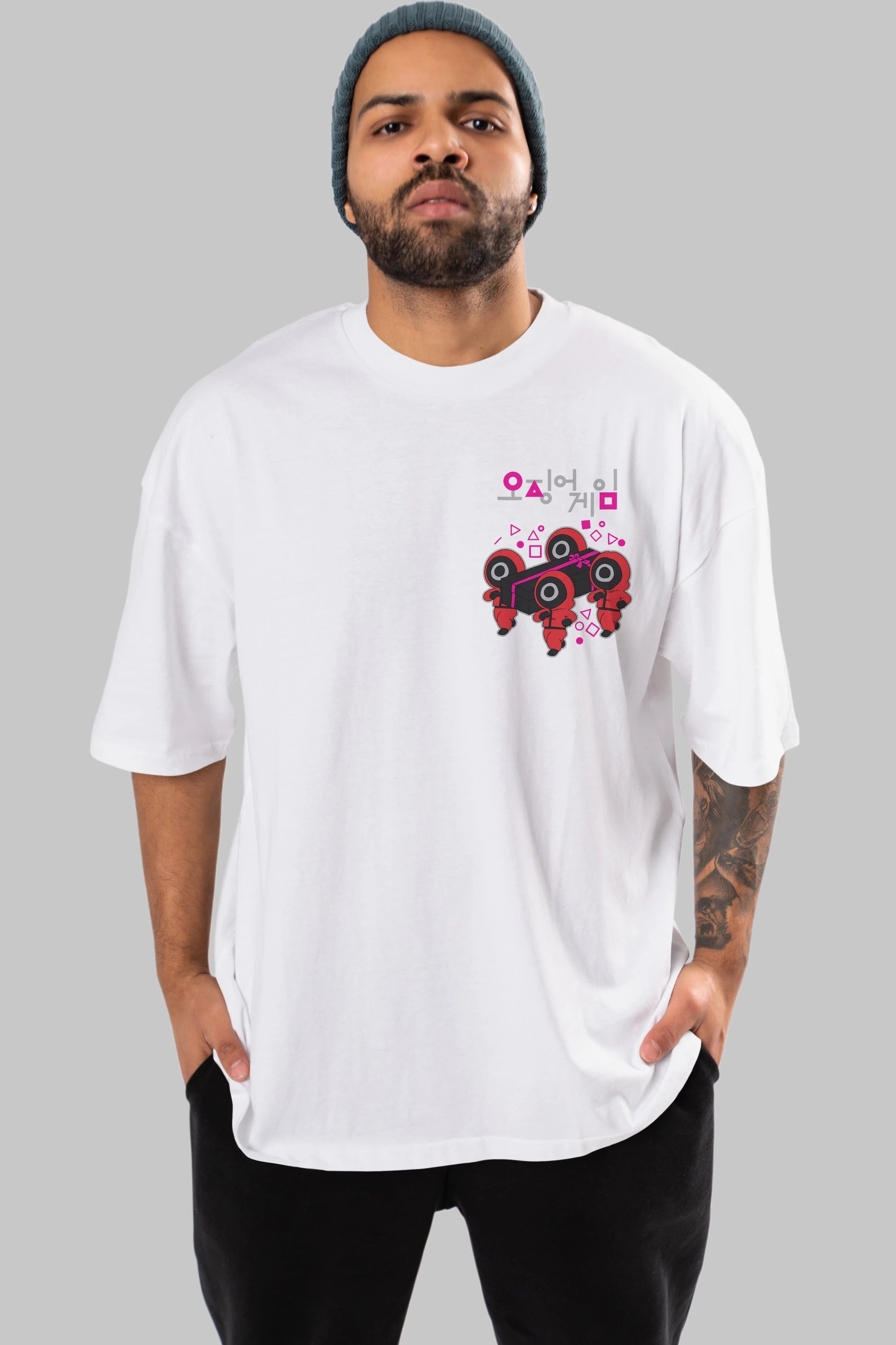 Squid Game (6) Ön Sol Baskılı Oversize t-shirt Erkek Kadın Unisex %100 Pamuk Bisiklet Yaka tişort