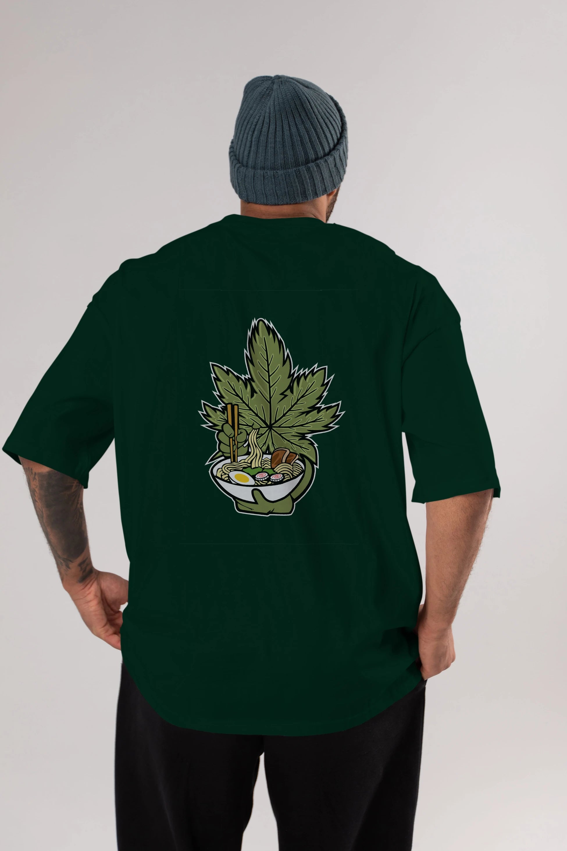 Weed Ramen Arka Baskılı Oversize t-shirt Erkek Kadın Unisex %100 Pamuk tişort