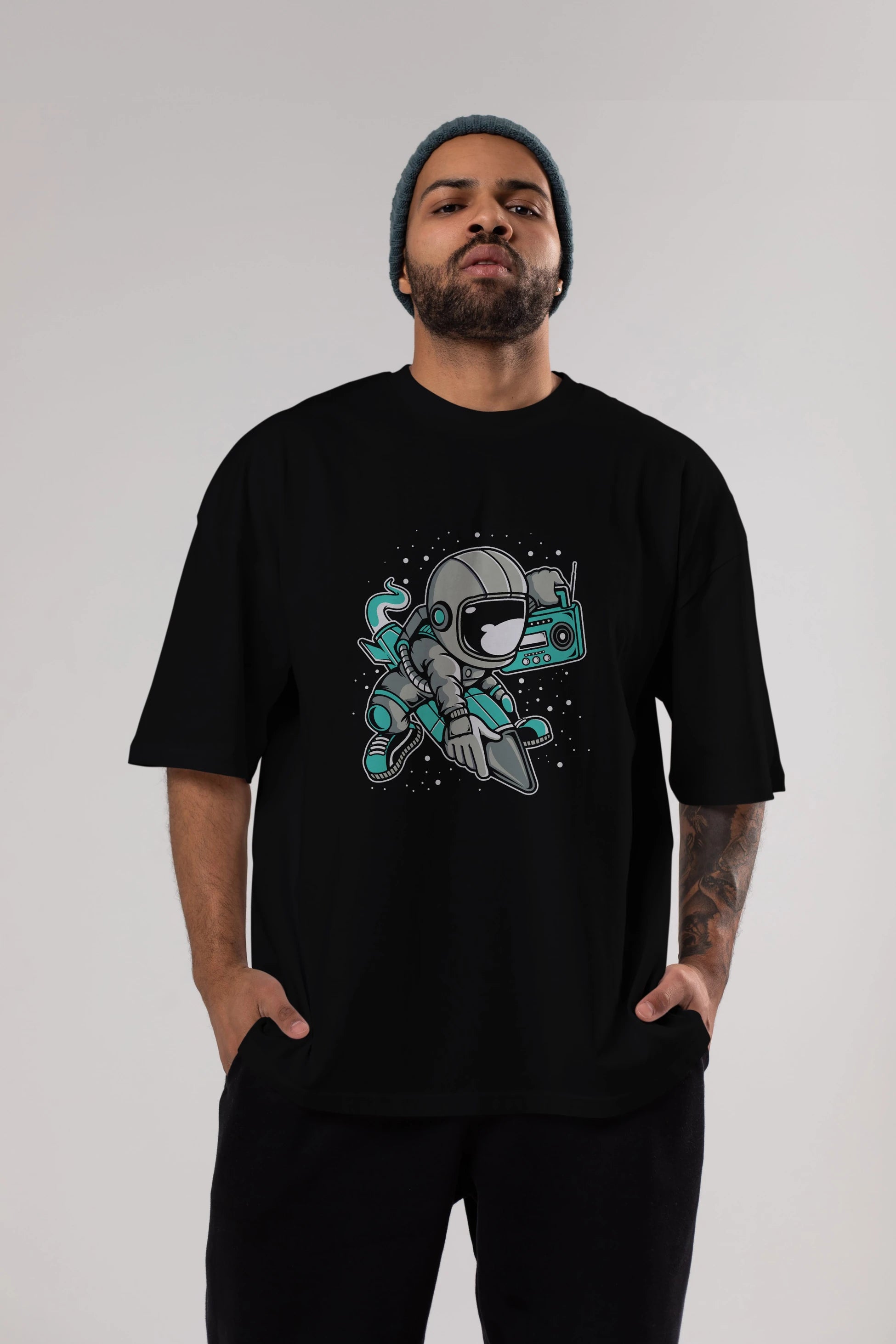 Astronaut Rocket (2) Ön Baskılı Oversize t-shirt Erkek Kadın Unisex