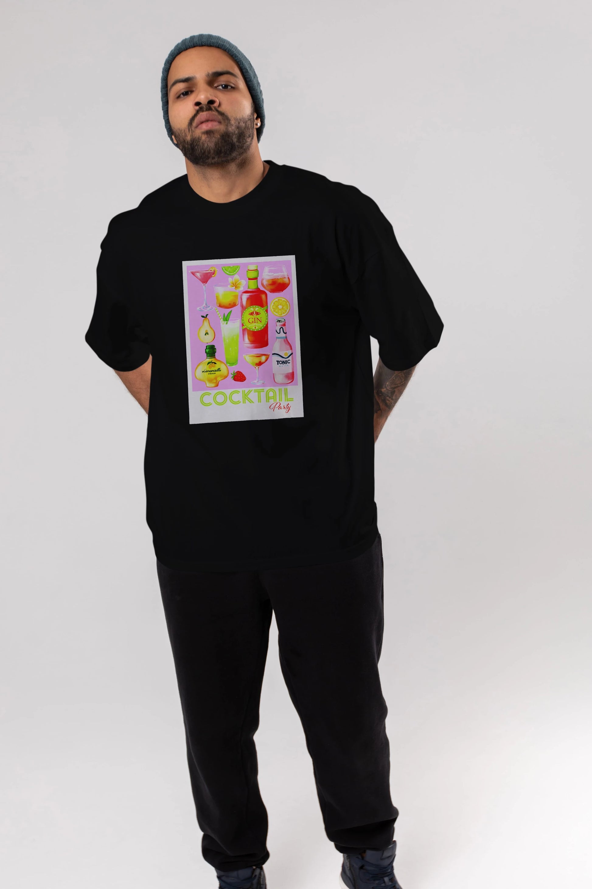 Cocktail Party Ön Baskılı Oversize t-shirt Erkek Kadın Unisex %100 Pamuk Bisiklet Yaka tişort