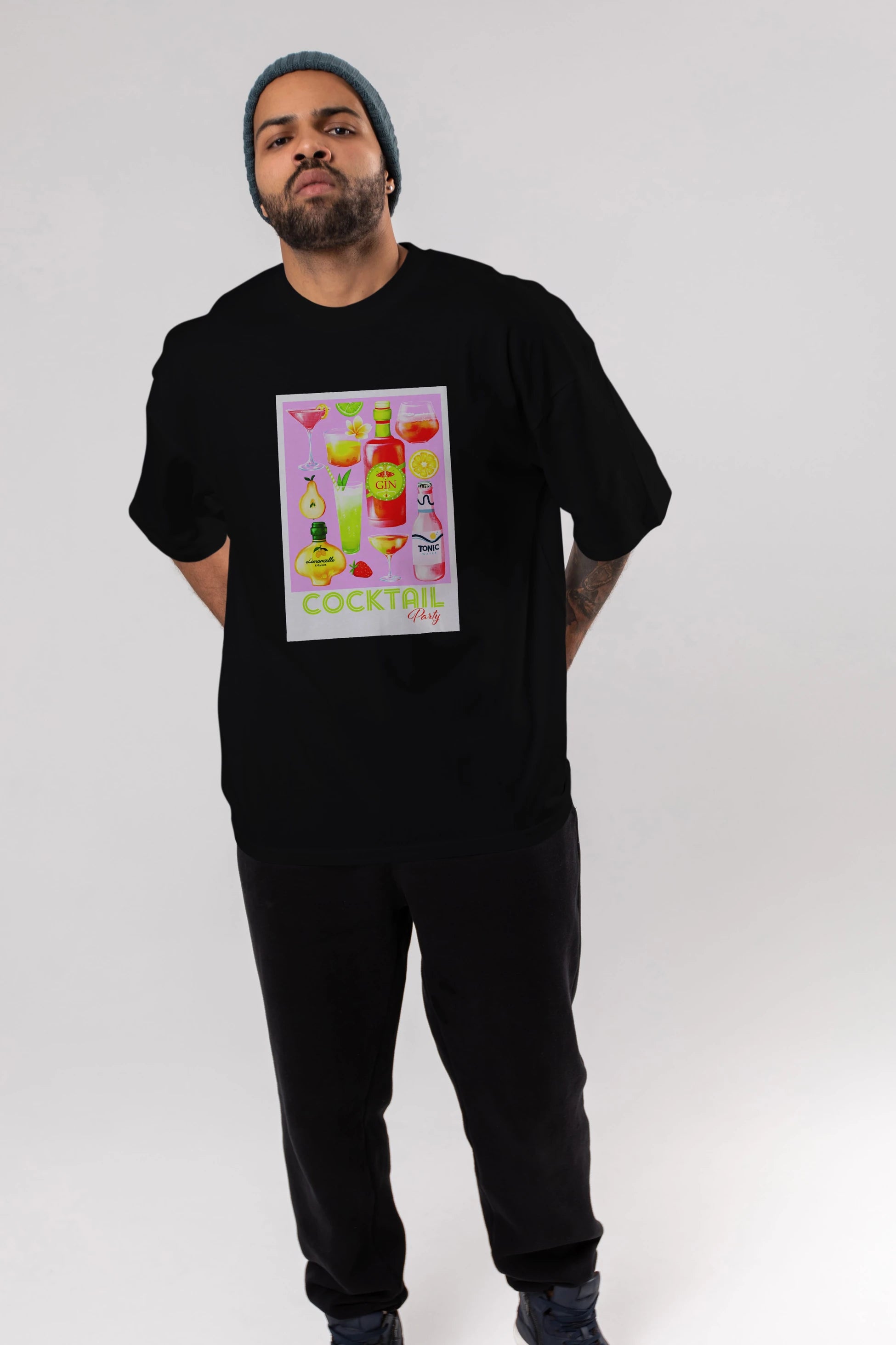 Cocktail Party Ön Baskılı Oversize t-shirt Erkek Kadın Unisex %100 Pamuk Bisiklet Yaka tişort