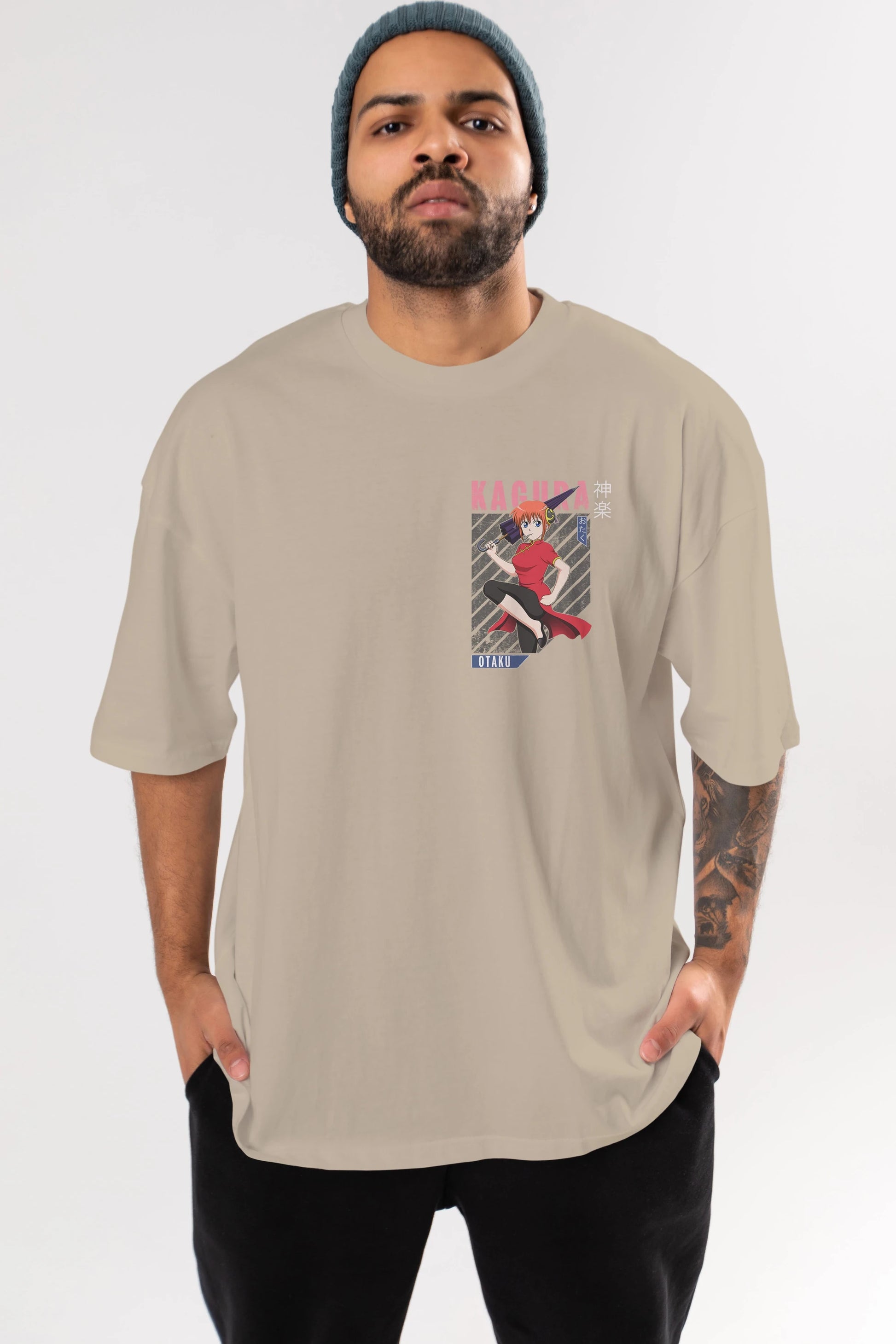 Kagura GINTAMA 1 Ön Sol Baskılı Oversize t-shirt Erkek Kadın Unisex %100 Pamuk Bisiklet Yaka tişort