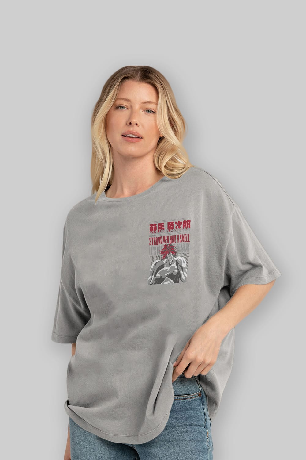 YUJIRO HANMA Ön Sol Baskılı Oversize t-shirt Erkek Kadın Unisex %100 Pamuk Bisiklet Yaka tişort