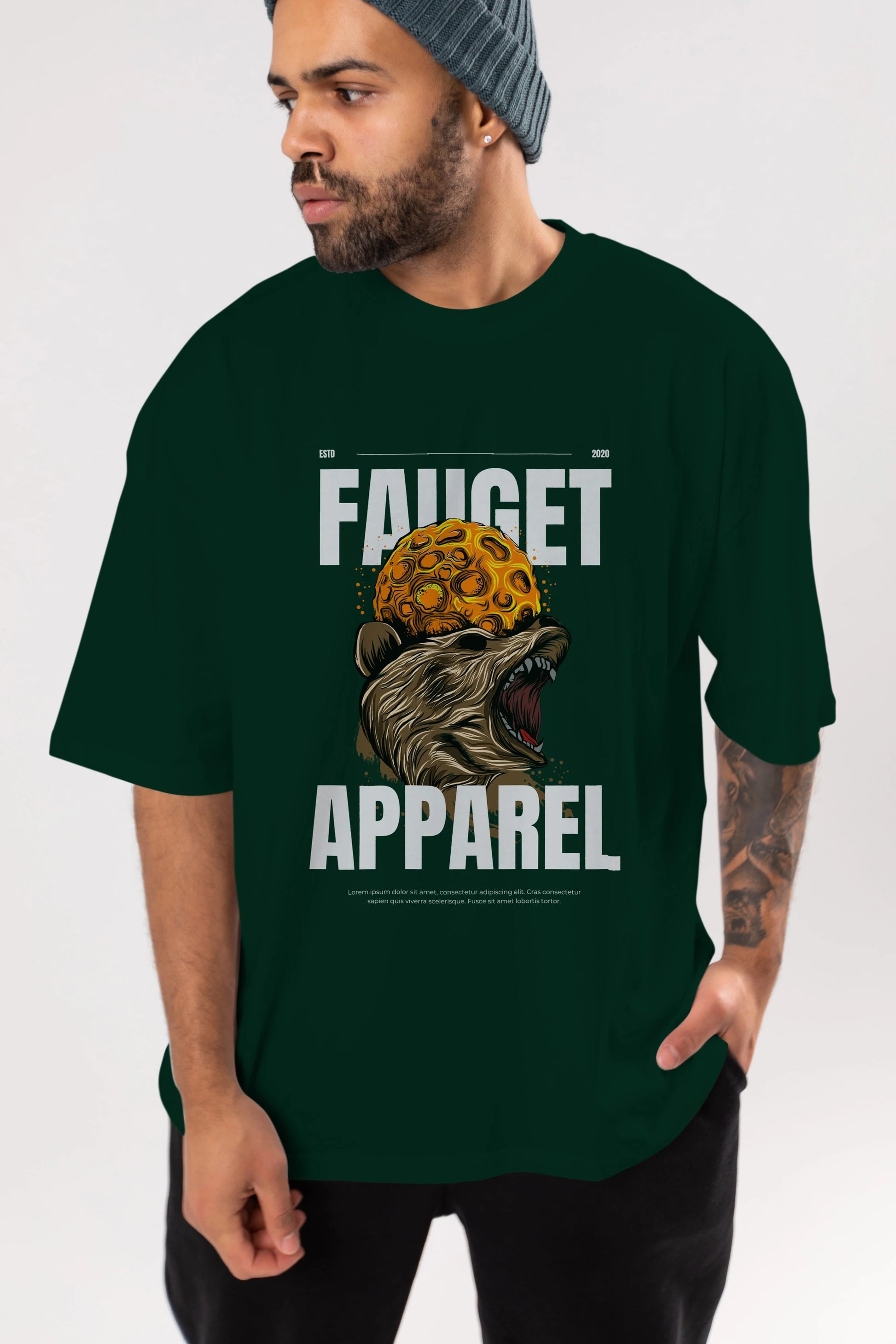 Bear Angry Fauget Apparel Ön Baskılı Oversize t-shirt Erkek Kadın Unisex