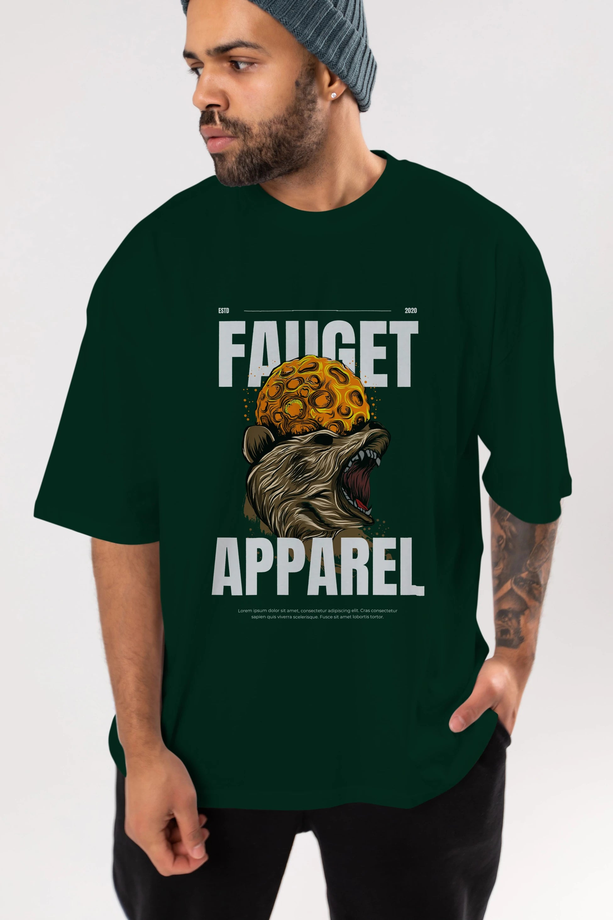 Bear Angry Fauget Apparel Ön Baskılı Oversize t-shirt Erkek Kadın Unisex
