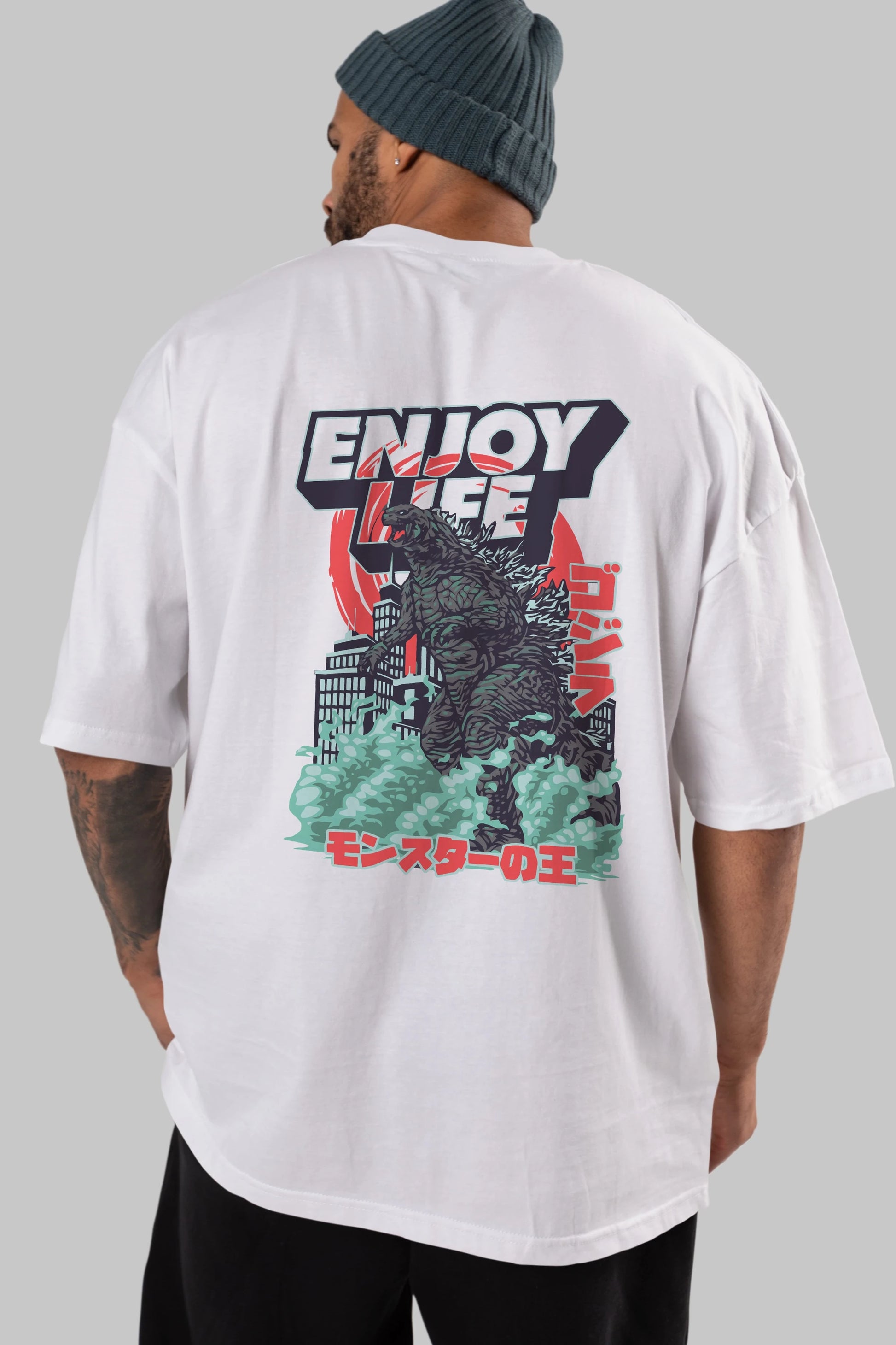Godzilla Arka Baskılı Oversize t-shirt Erkek Kadın Unisex %100 Pamuk Bisiklet Yaka tişort