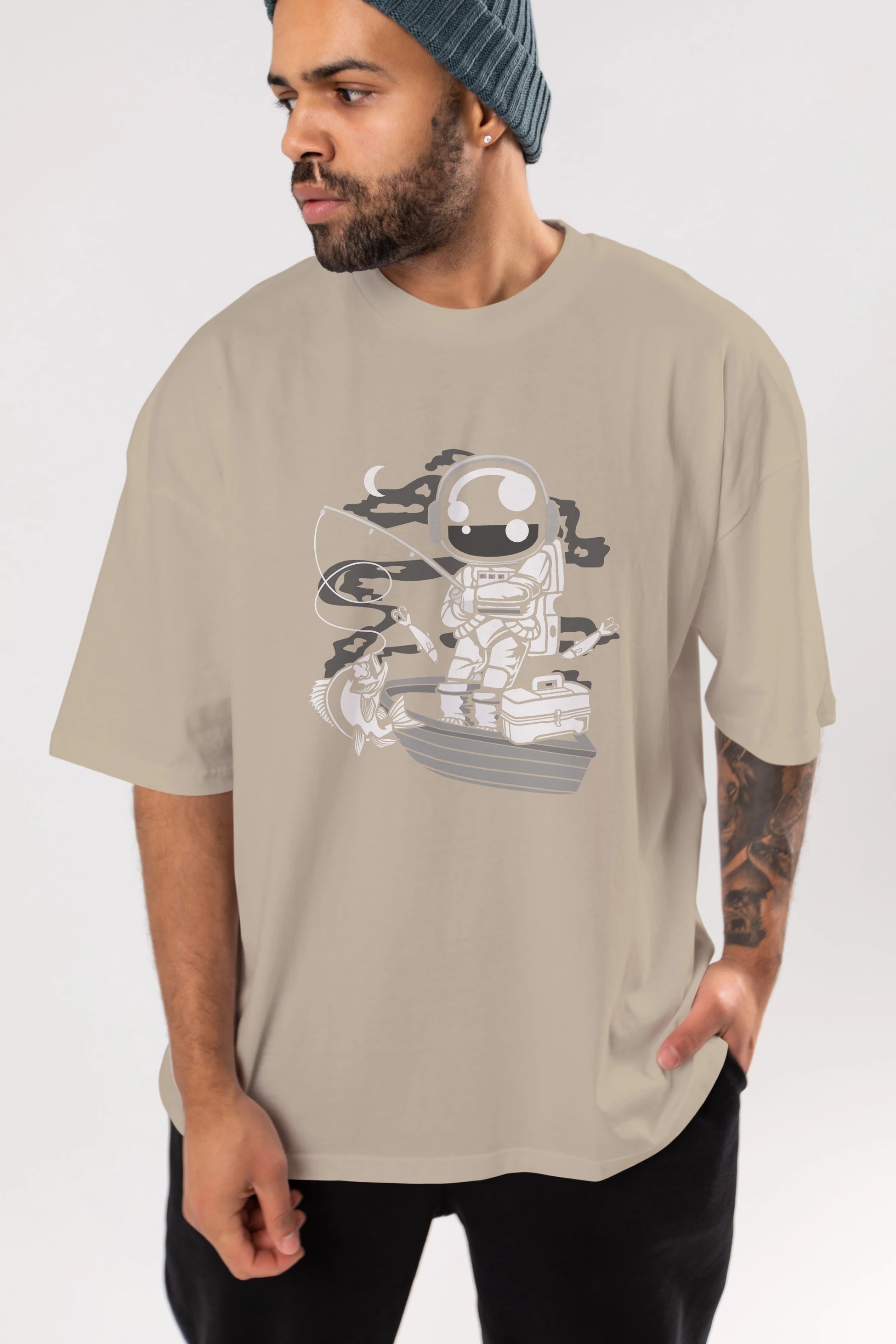Astronaut Fisherman Ön Baskılı Oversize t-shirt Erkek Kadın Unisex