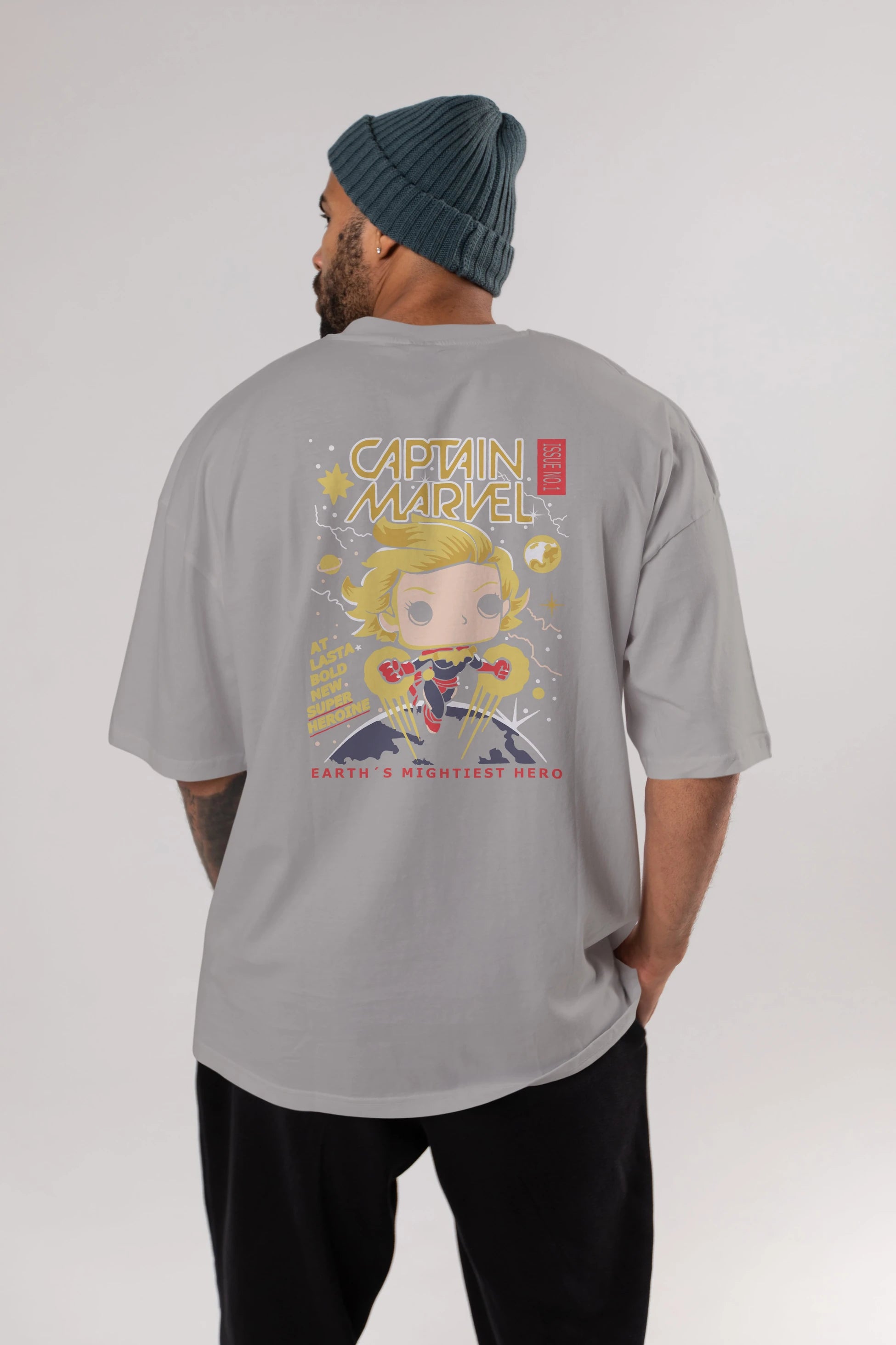 Captain Marvel Arka Baskılı Oversize t-shirt Erkek Kadın Unisex %100 Pamuk Bisiklet Yaka tişort