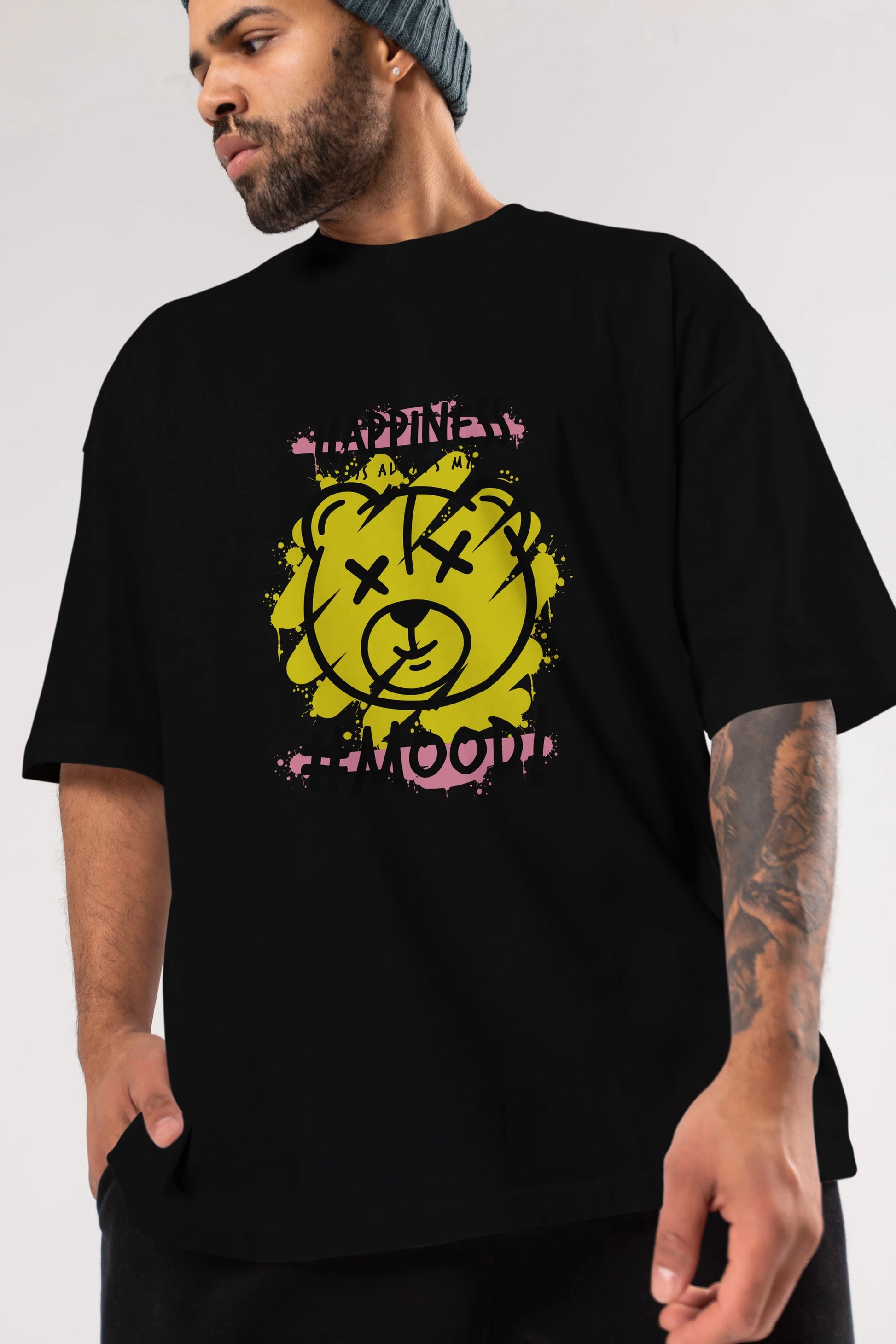 Happiness Mood Bear Ön Baskılı Oversize t-shirt Erkek Kadın Unisex