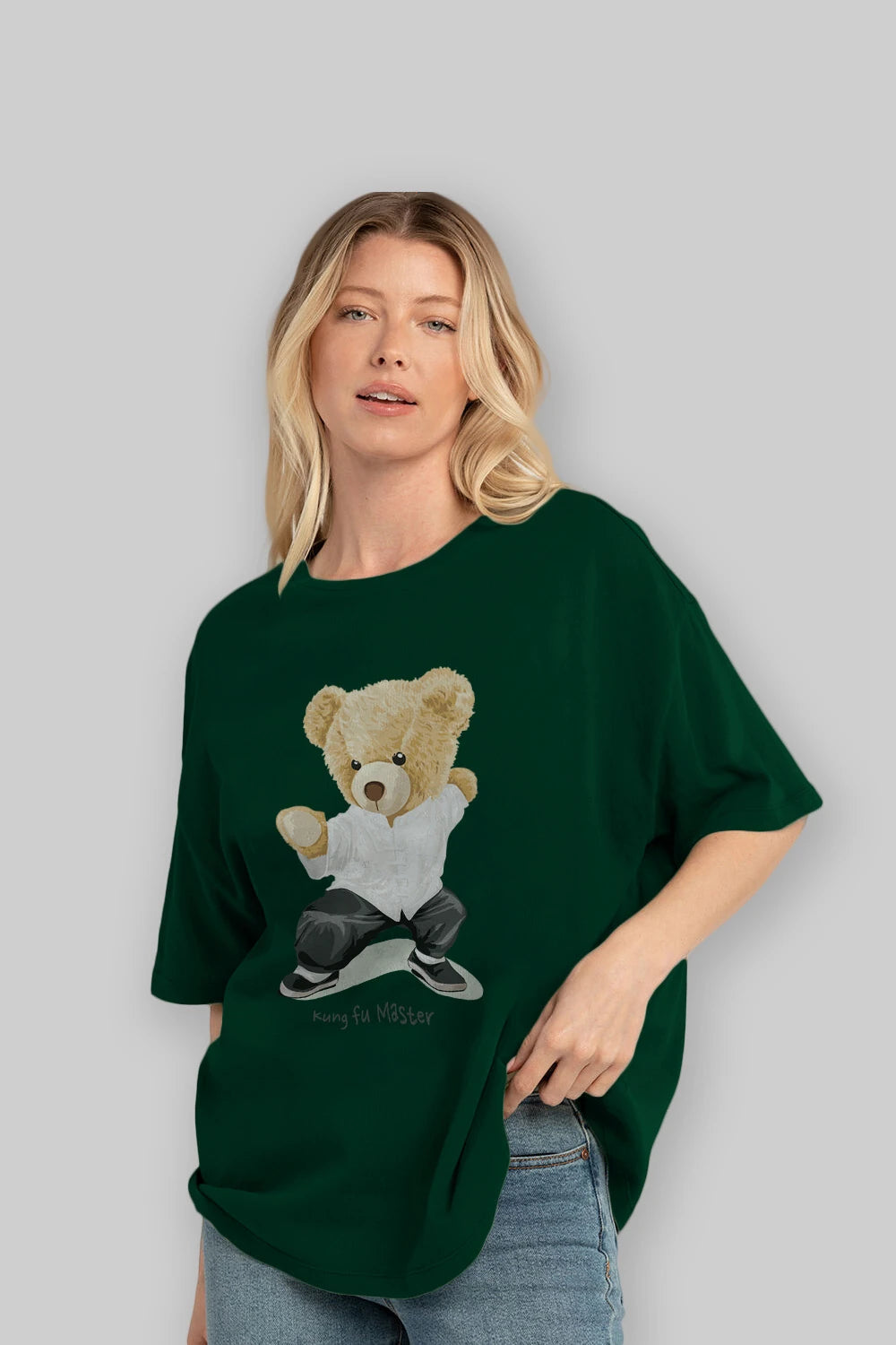 Teddy Bear Kung Fu Master Ön Baskılı Oversize t-shirt Erkek Kadın Unisex %100 Pamuk