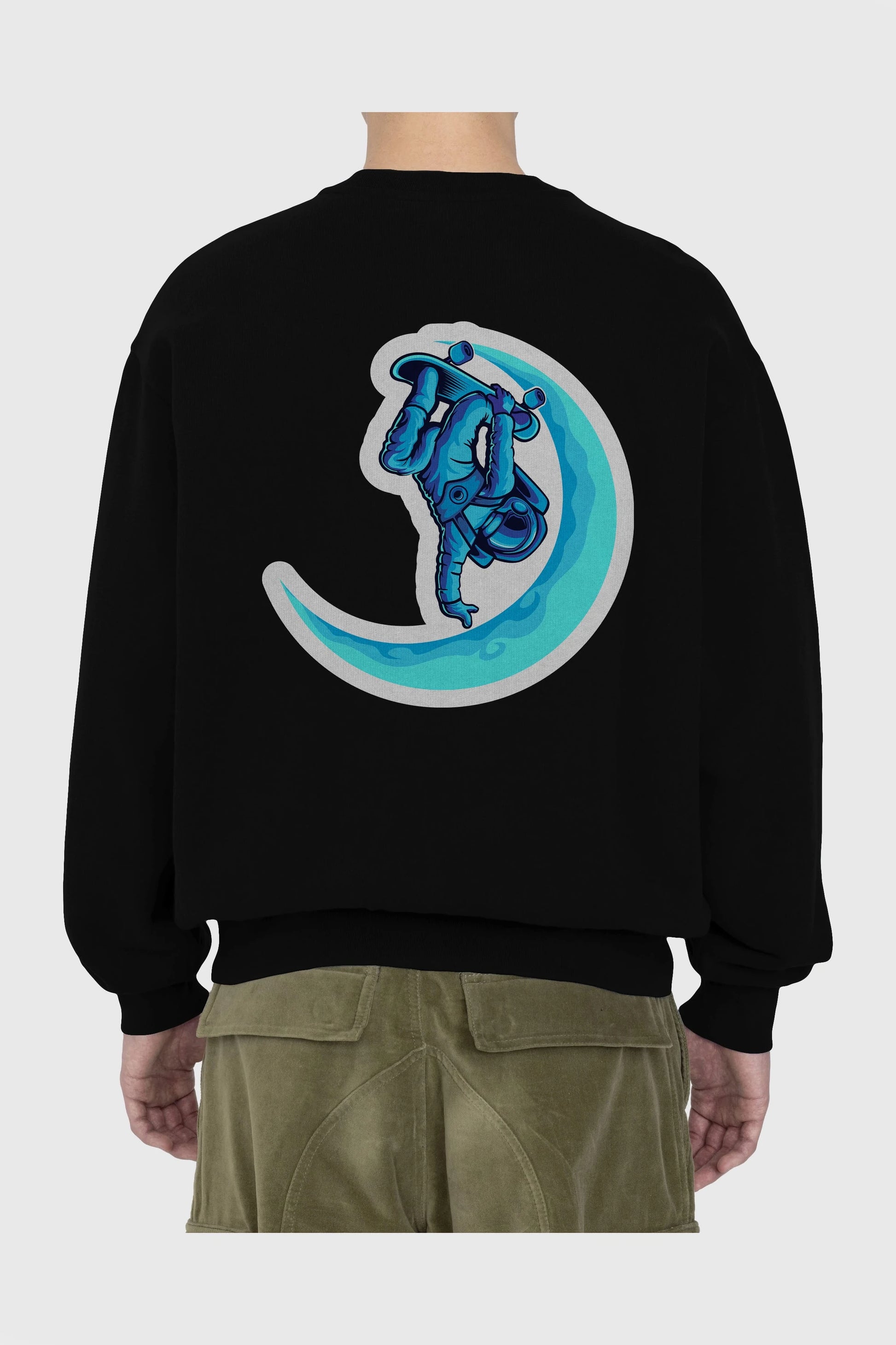 Skating on the moon sticker Arka Baskılı Oversize Sweatshirt Erkek Kadın Unisex