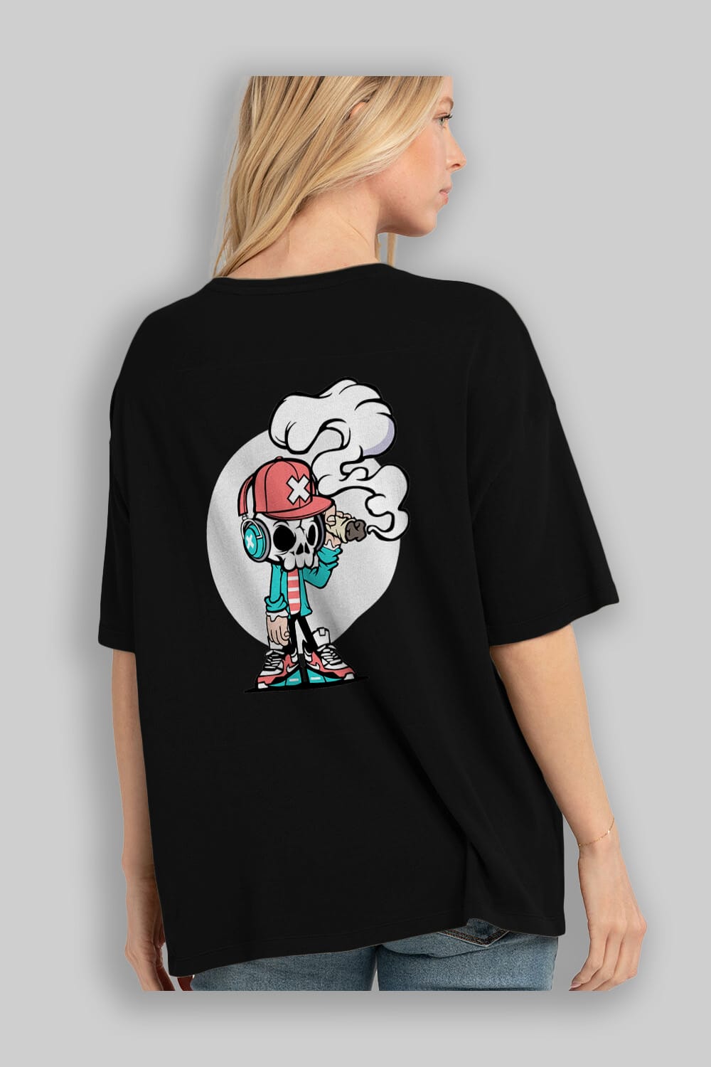 Skull Headphone Arka Baskılı Oversize t-shirt Erkek Kadın Unisex %100 Pamuk tişort