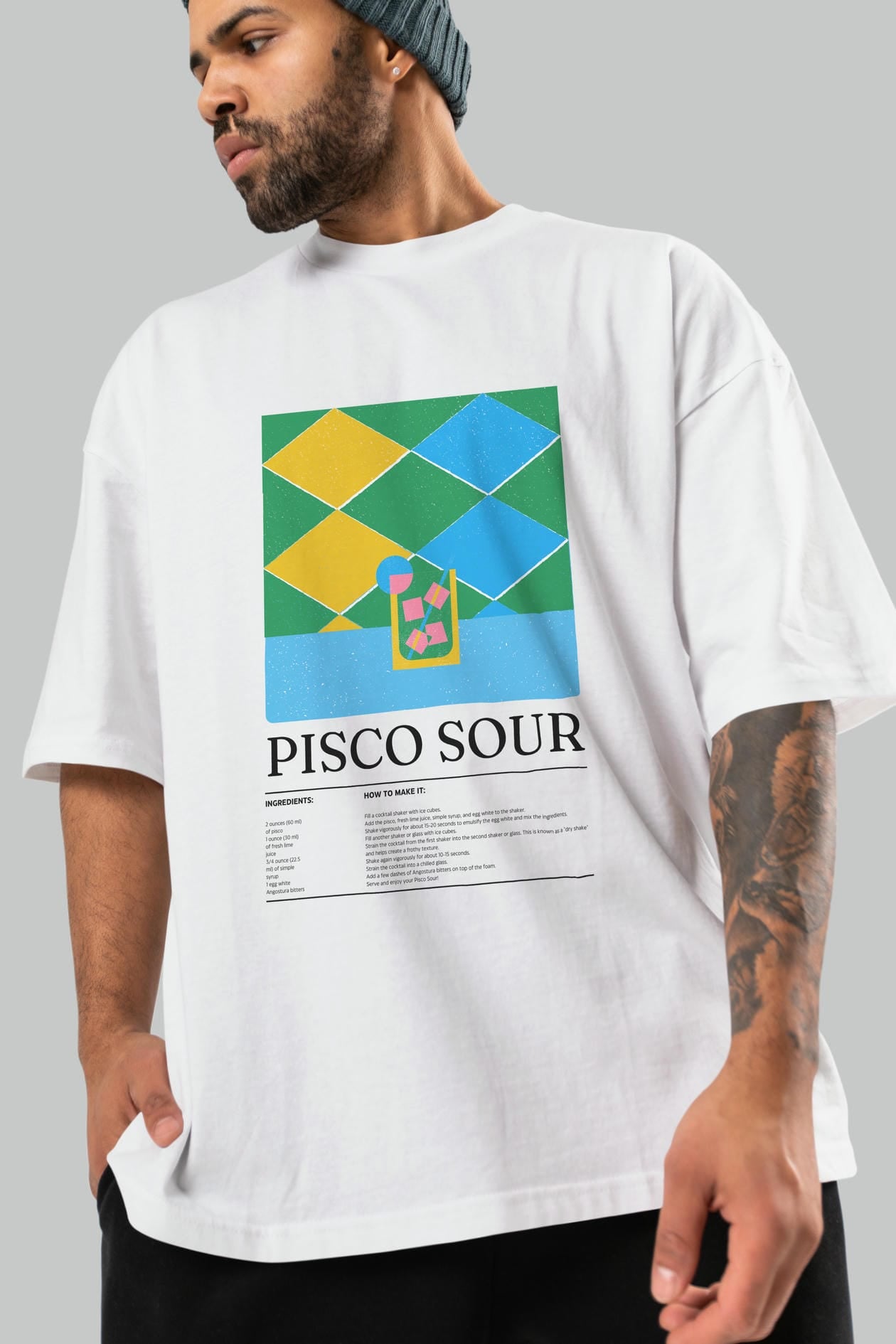 Pisco Sour Kokteyl Ön Baskılı Oversize t-shirt Erkek Kadın %100 Pamuk Bisiklet Yaka tişort