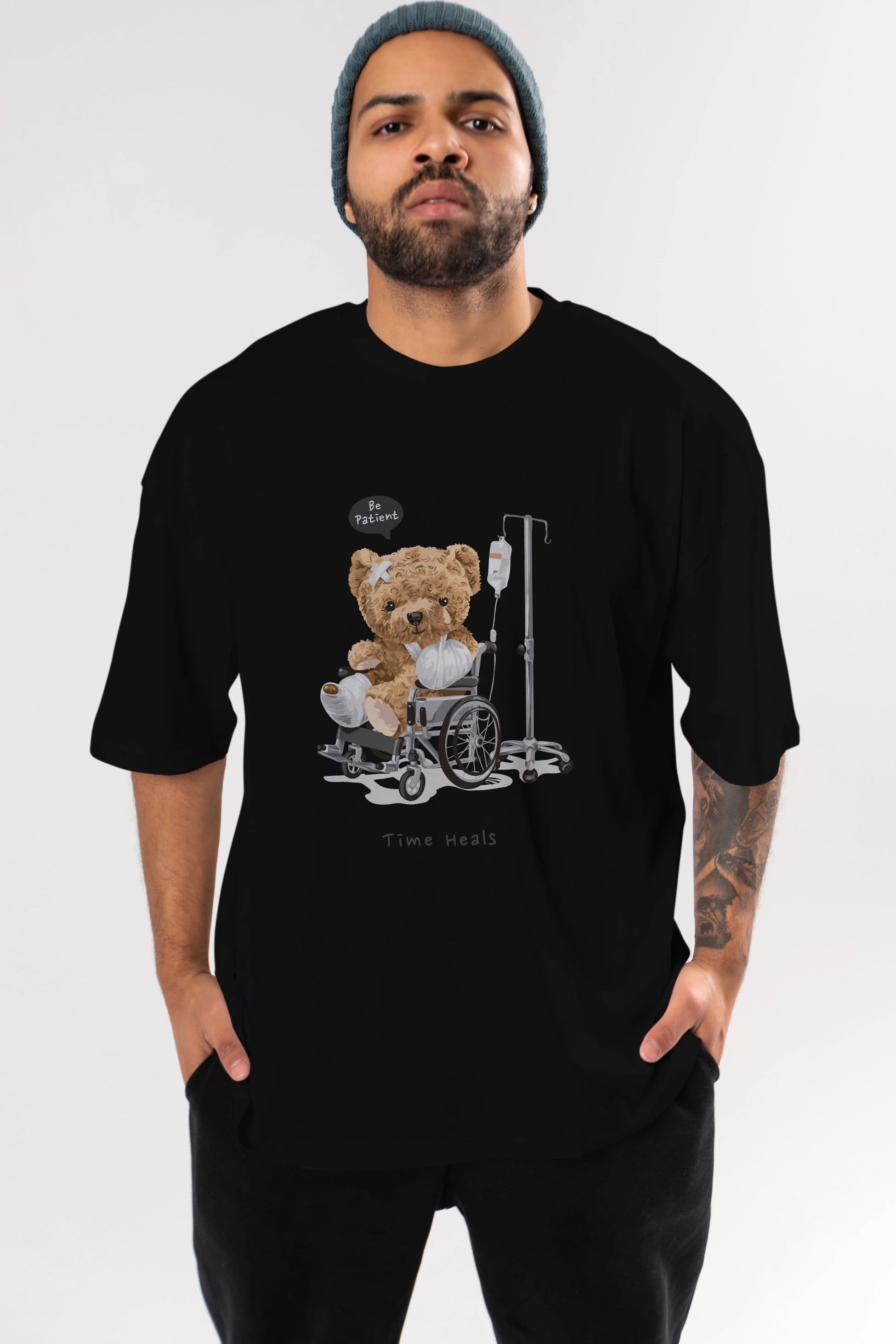 Teddy Bear Time Heals Ön Baskılı Oversize t-shirt Erkek Kadın Unisex %100 Pamuk