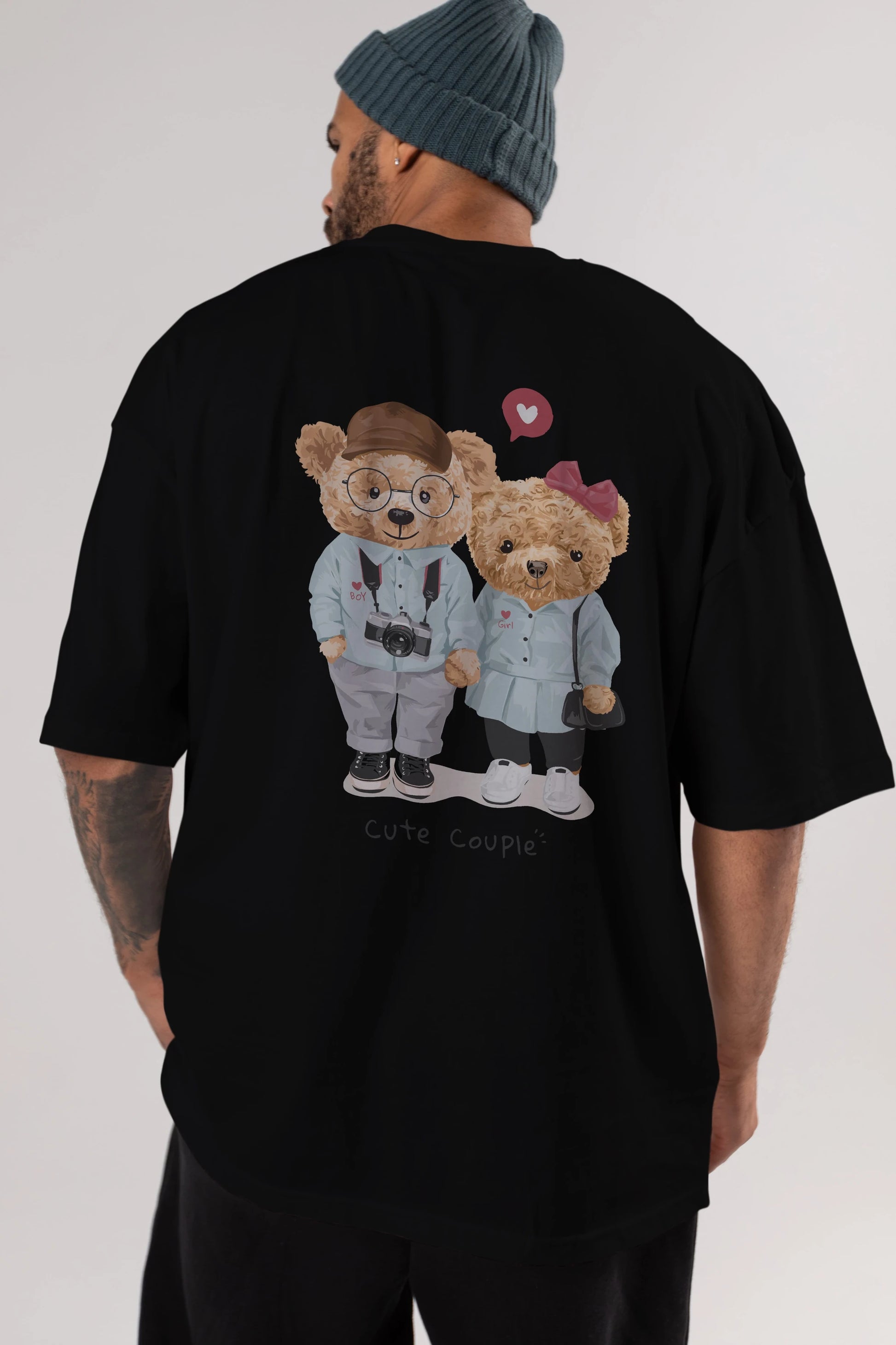 Teddy Bear Cute Couple Arka Baskılı Oversize t-shirt Erkek Kadın Unisex %100 Pamuk
