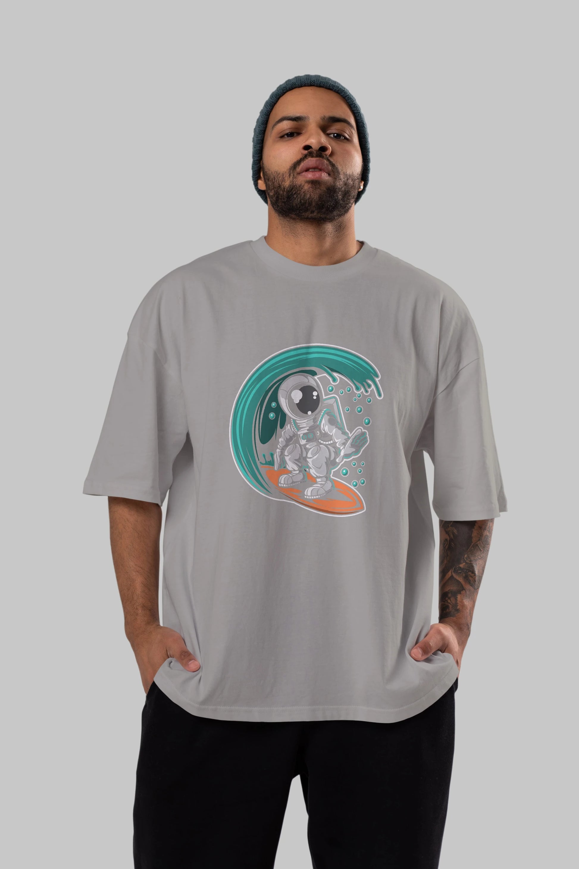 Astronaut Surfing Ön Baskılı Oversize t-shirt Erkek Kadın Unisex