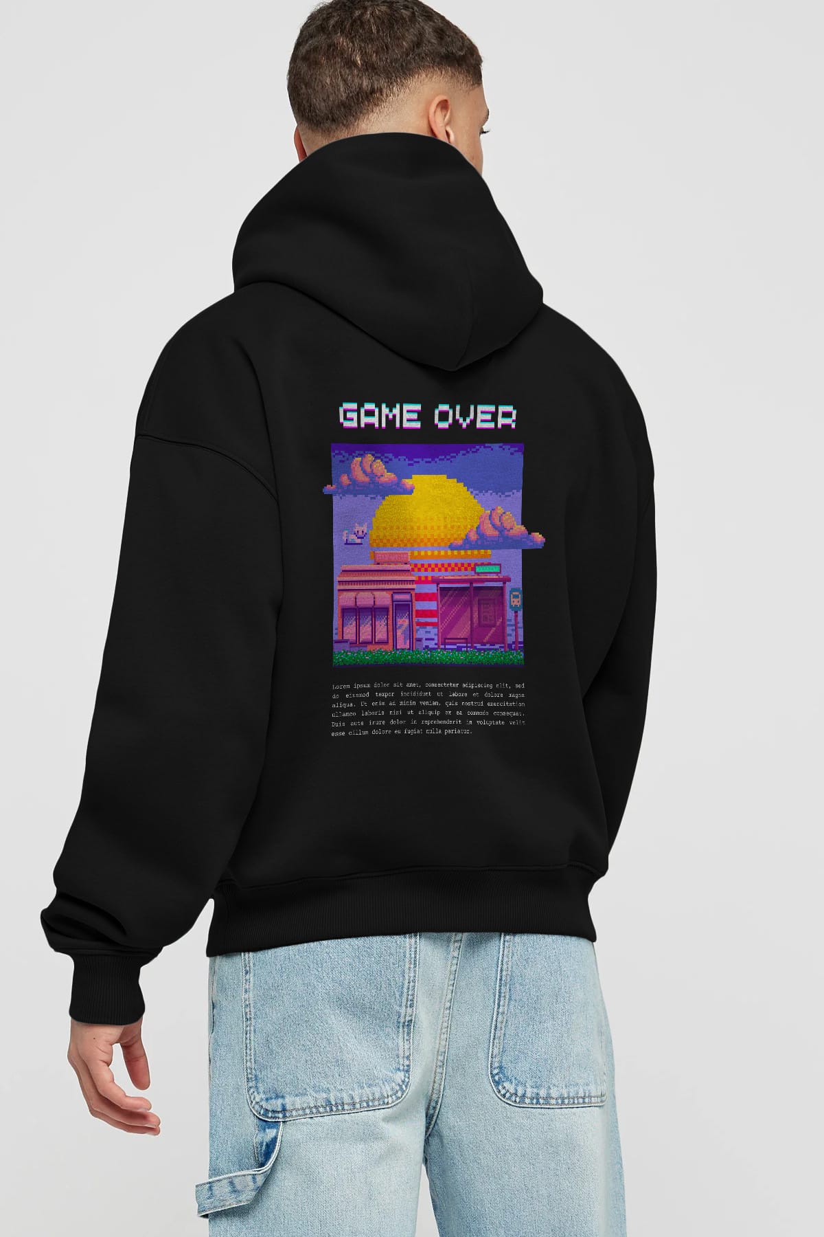 Game Over Yazılı Arka Baskılı Oversize Hoodie Kapüşonlu Sweatshirt Erkek Kadın Unisex