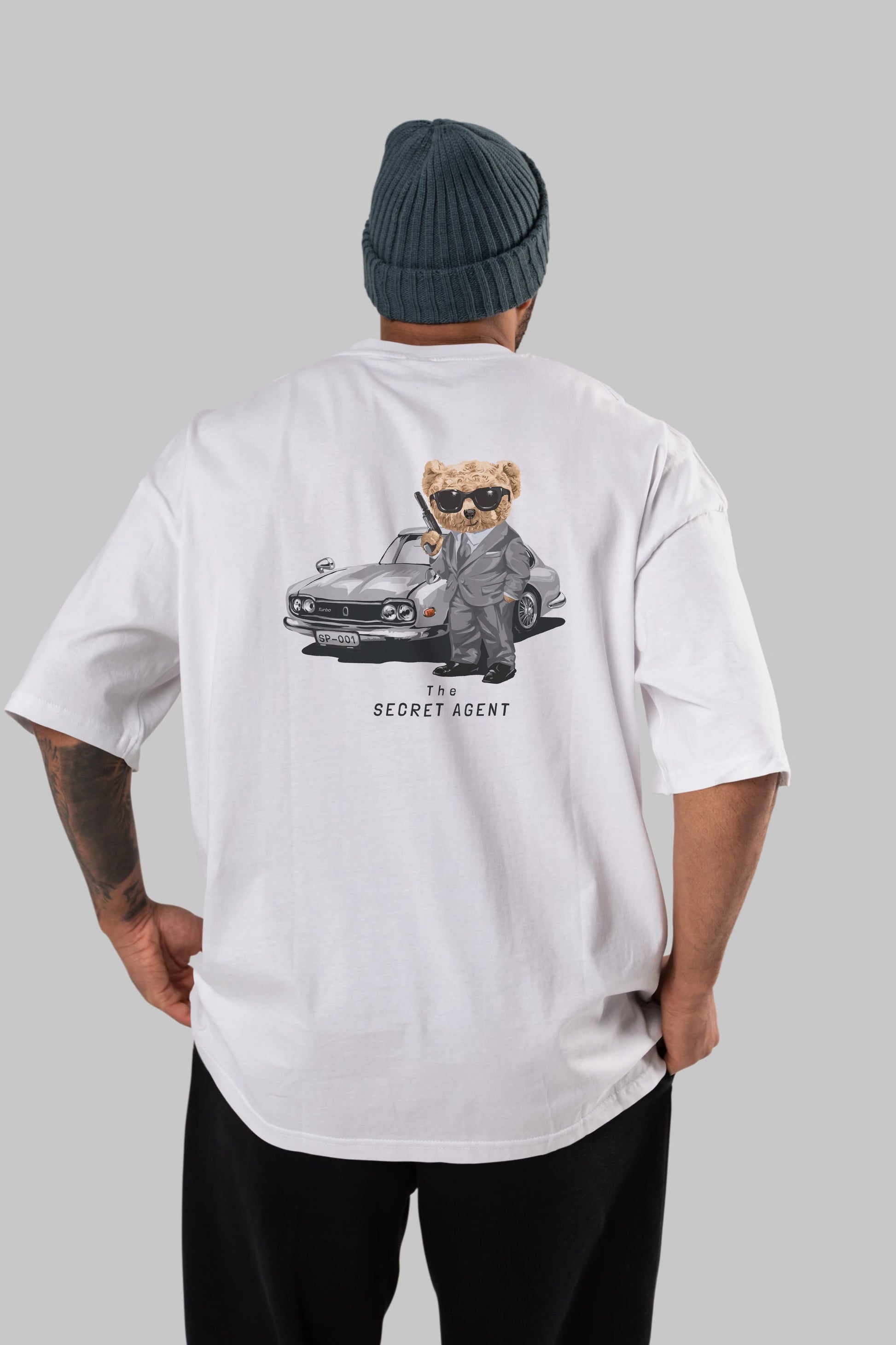 Teddy Bear The Secret Agent Arka Baskılı Oversize t-shirt Erkek Kadın Unisex %100 Pamuk
