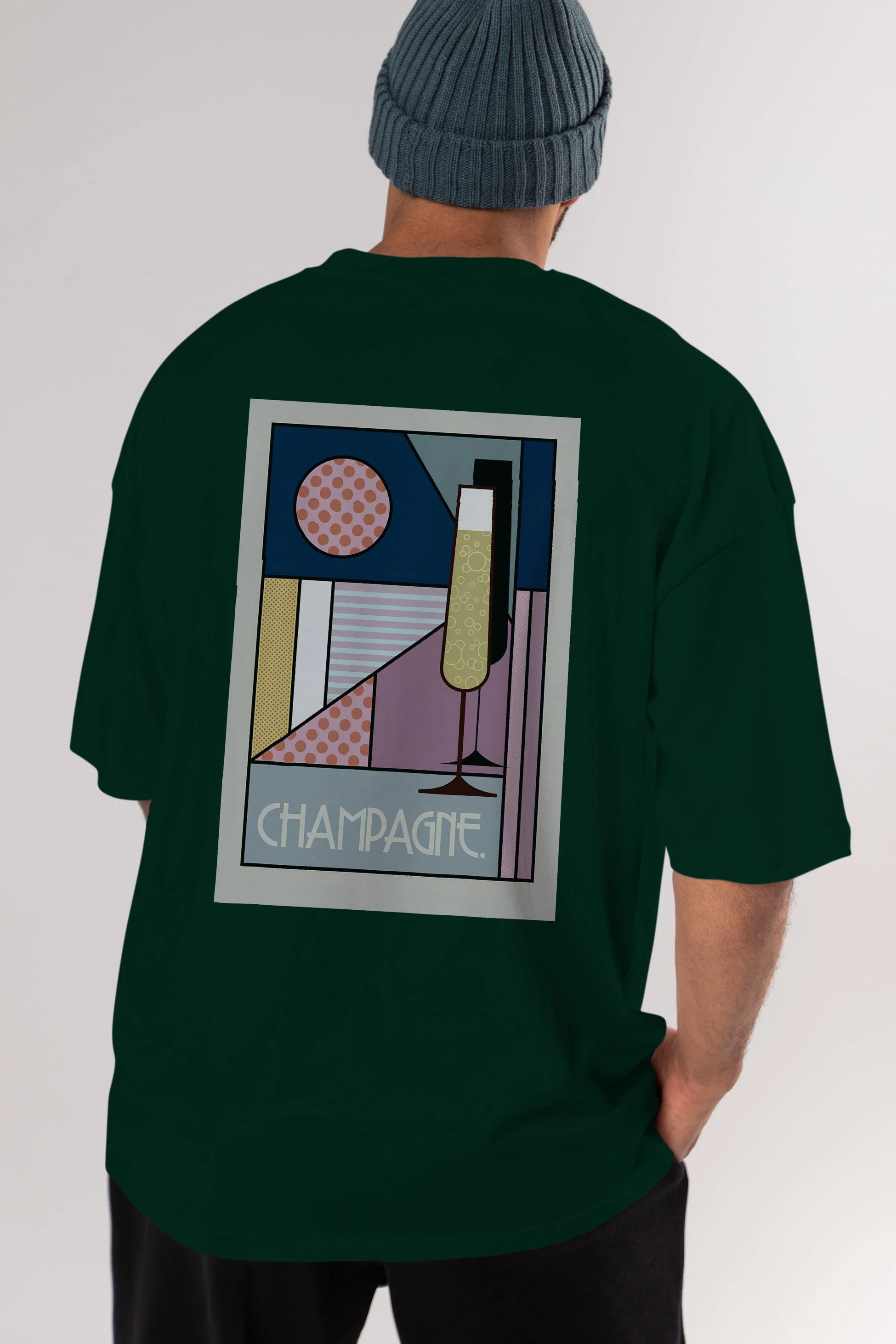 Champagne Arka Baskılı Oversize t-shirt Erkek Kadın Unisex %100 Pamuk Bisiklet Yaka tişort