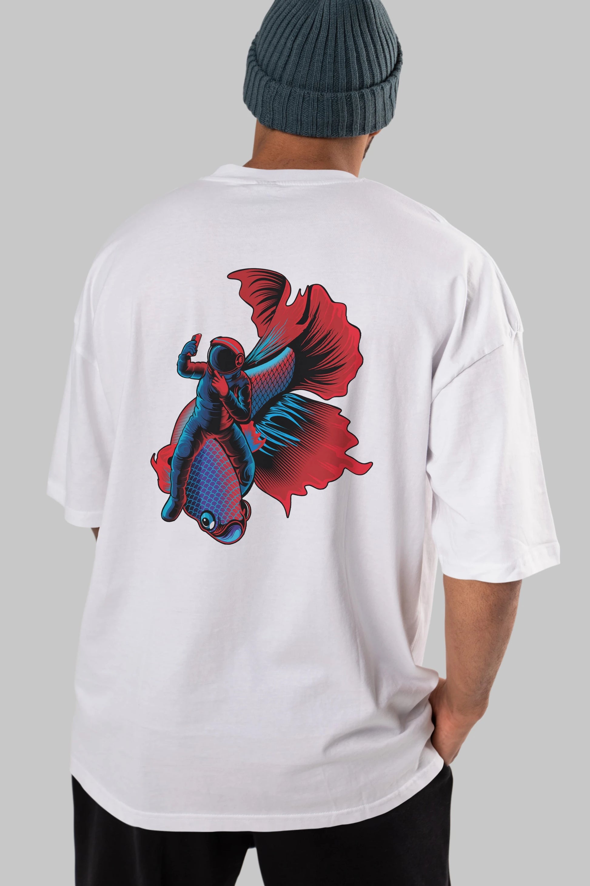 Astrofish selfie Arka Baskılı Oversize t-shirt Erkek Kadın Unisex