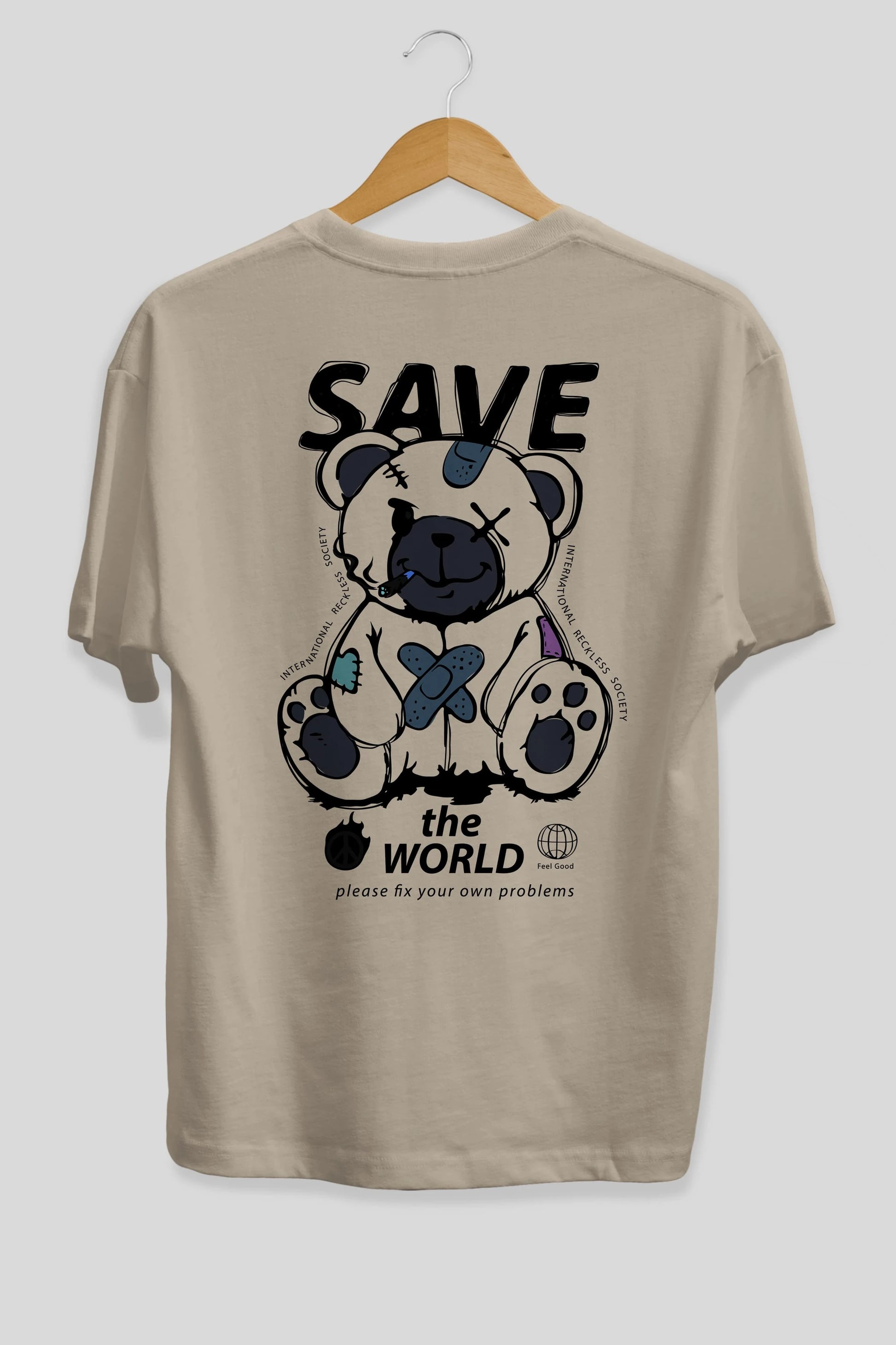 Save the World Bear Arka Baskılı Oversize t-shirt Erkek Kadın Unisex