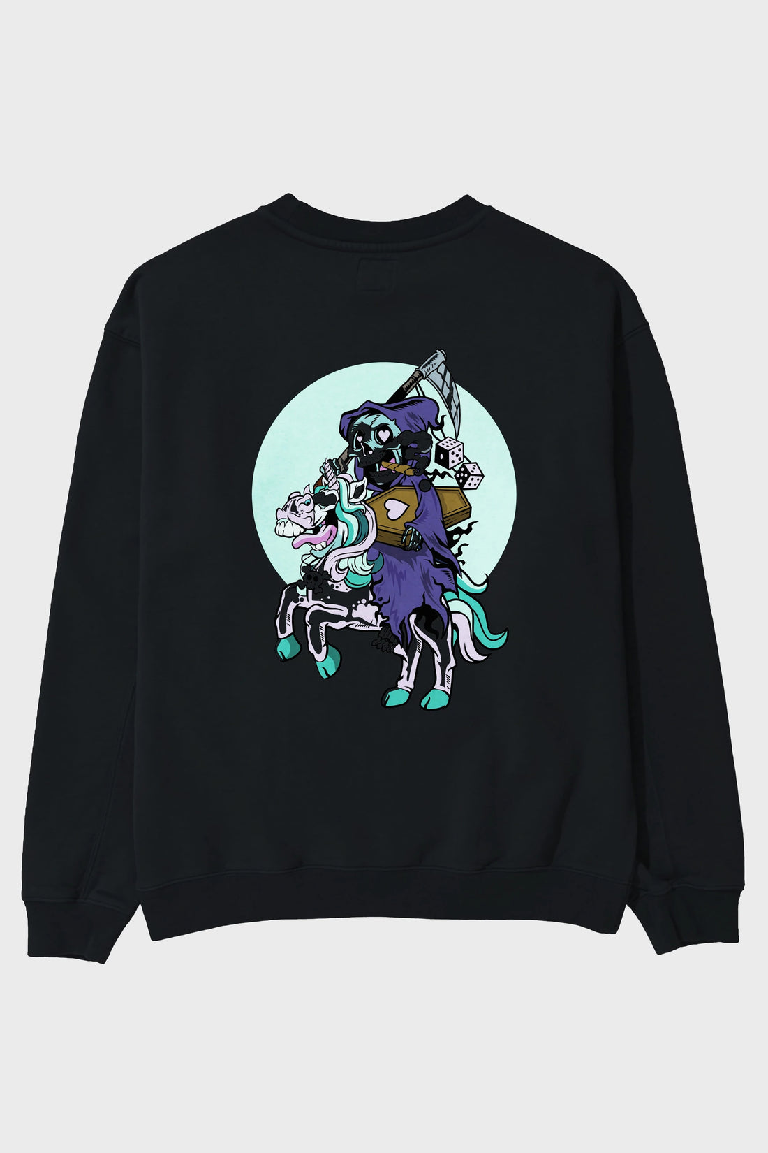 Grim Reaper Riding Unicorn Arka Baskılı Oversize Sweatshirt Erkek Kadın Unisex