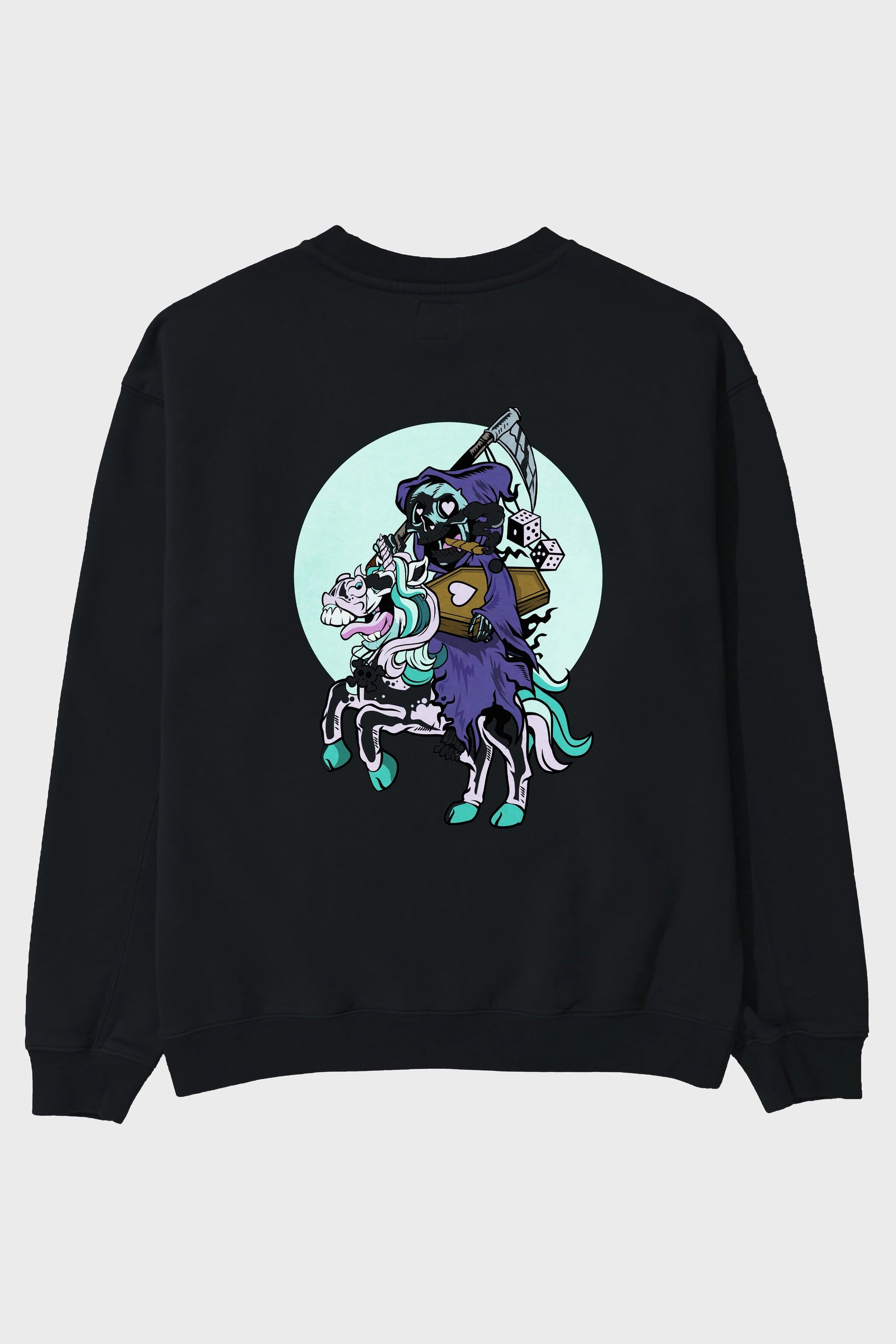 Grim Reaper Riding Unicorn Arka Baskılı Oversize Sweatshirt Erkek Kadın Unisex